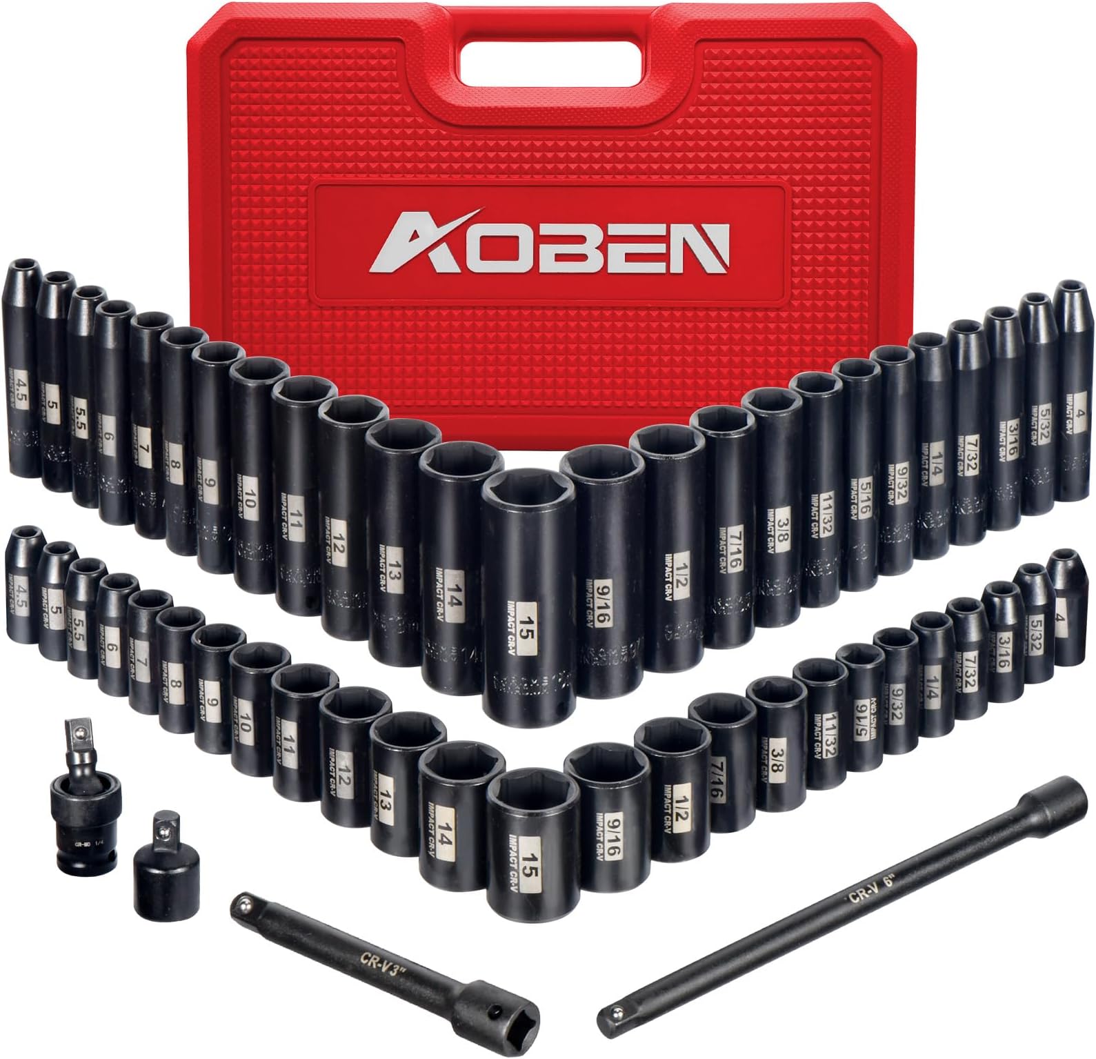 1/4-Inch Drive Impact Socket Set, 54 Pieces, 6 Point, SAE/Metric, (5/32" - 9/16" ,4mm -15mm),Deep/Shallow, Cr-V Steel, Includes Extension bars and Socket Adapter
