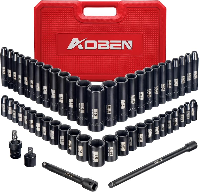 Jogo de Soquetes de Impacto AOBEN com Encaixe de 6,35 mm, 54 Peças, 6 Pontos, SAE e Métrico, Cr-V, Profundo e Raso
