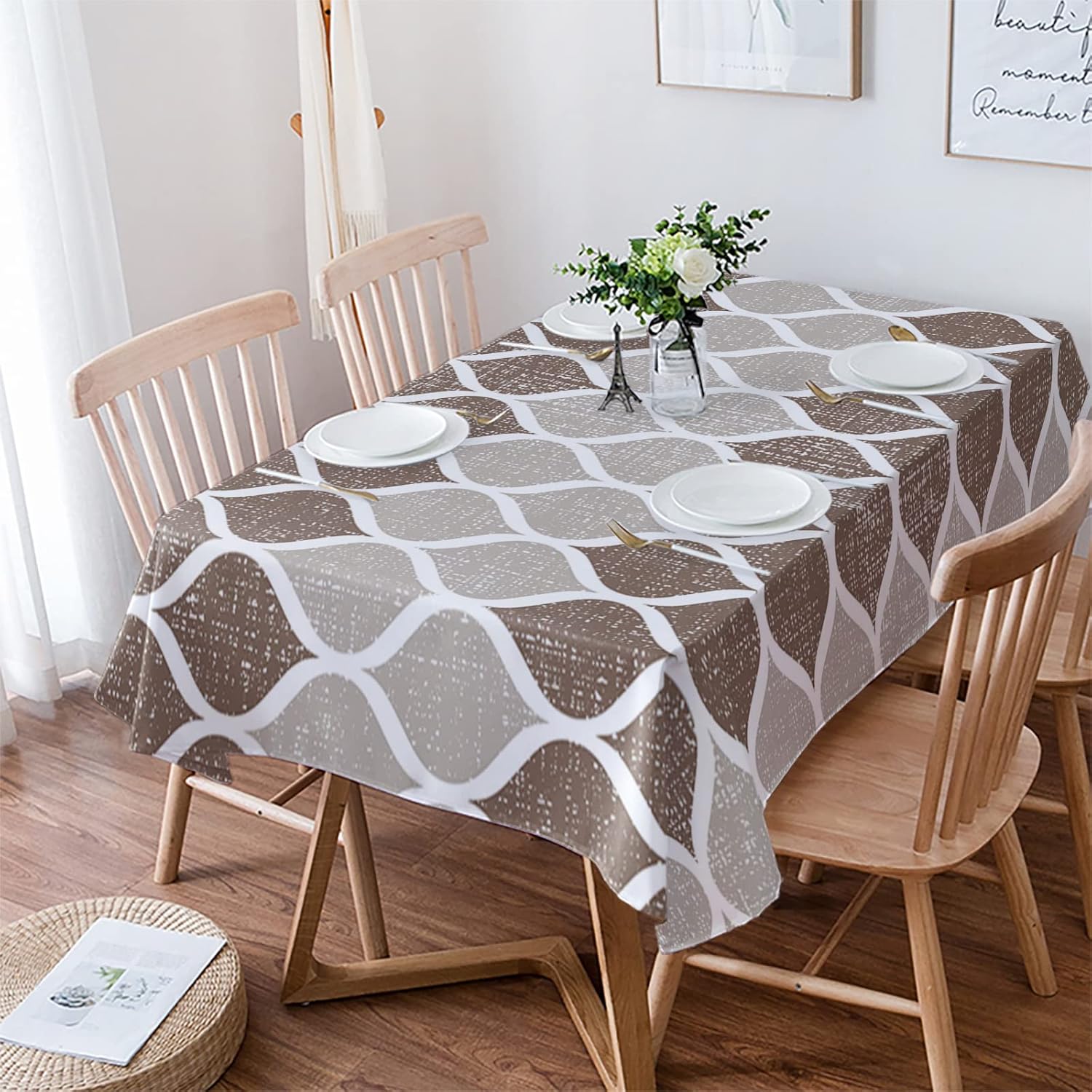 Waterproof Tablecloths Rectangle Dining Table Cloth Mid Century Brown Drop Shape Geometric Oil Proof Spill-Proof Table Cover Vintage Wavy Stripe,Washable Tablecloth for Indoor Outdoor Buffet 60x102in