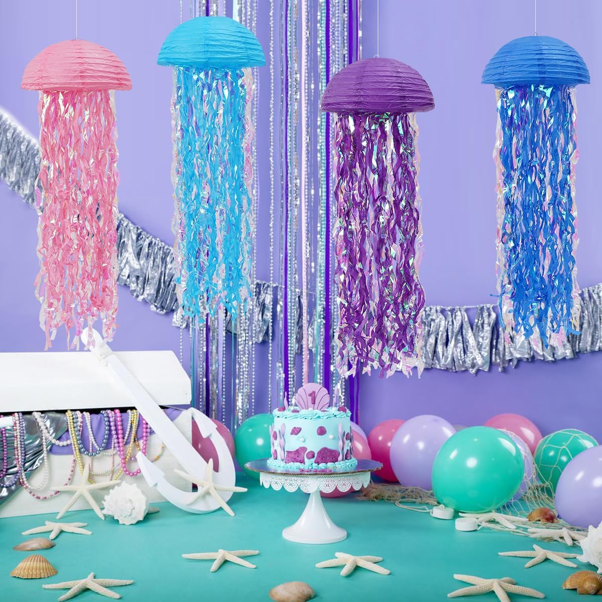 Jellyfish Paper Lanterns Under The Sea Party Decorations Hanging Colorful Jellyfish Lanterns for Baby Shark Mermaid Birthday Party Decorations Baby Shower Classroom Decor Pack of 4 Colorful