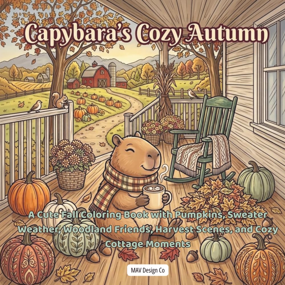 Capybara’s Cozy Autumn: A Cute Fall Coloring Book with Pumpkins, Sweater Weather, Woodland Friends, Harvest Scenes, and Cozy Cottage Moments