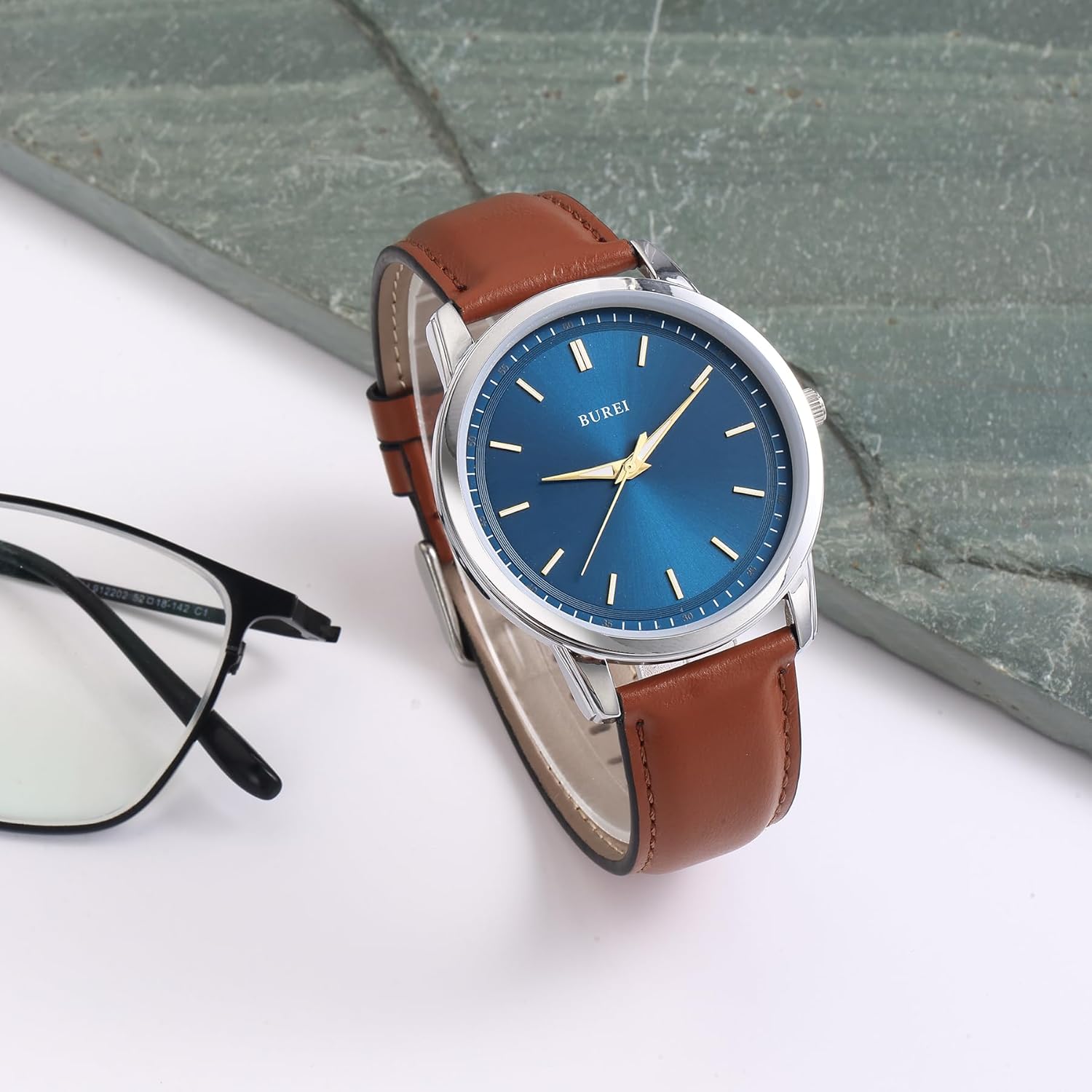 BUREI Mens Fashion Watches Dress Minimalist Wrist Watches for Men Brown Leather Analog Watch Display with Slim Case Design relojes para Hombres - Image 3