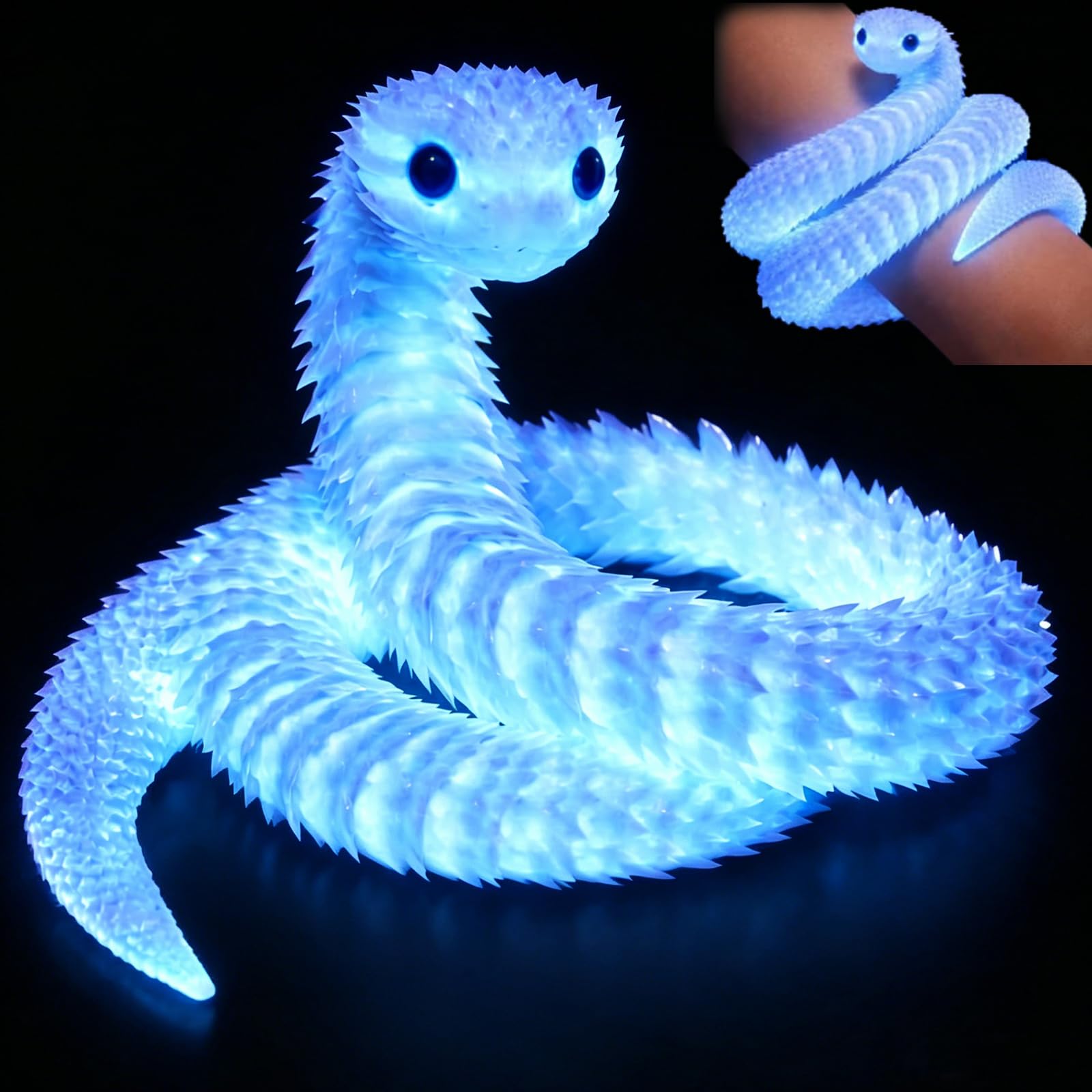 dienjason 2Pcs 3D Printed Snake, White Snakes, 3D Snake, Glow in the Dark Novelty Item, Realistic Serpent Design for Home Decor, Set of Two Artificial Reptile Figures
