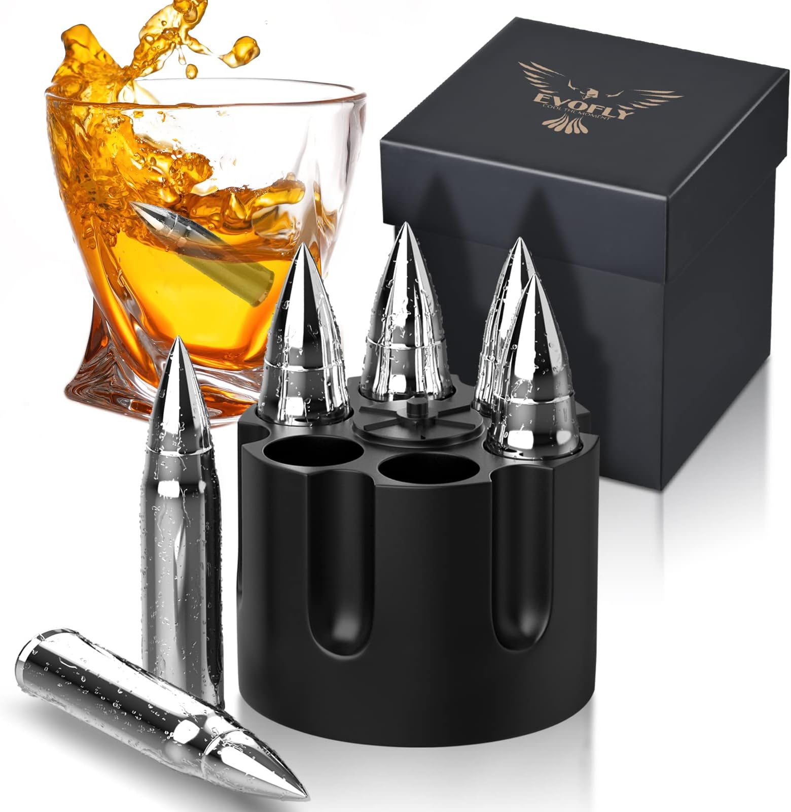 Whiskey Chilling Stones Gifts for Men Him - Cool Mens Birthday for Husband Boyfriend - 6pcs Whisky Stainless Steel Ice Cubes in Gift Box - Cool Without Dilution