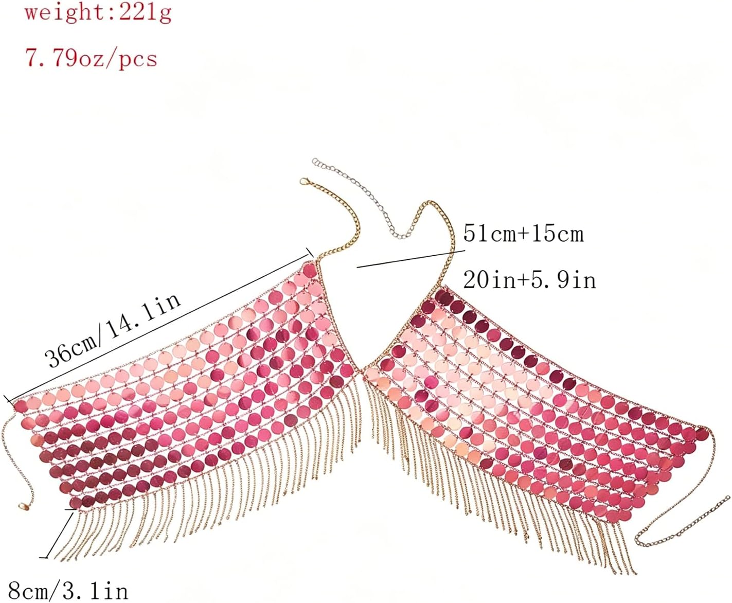 Pink Sequin Body Chain Vest - Iridescent Tassel Jewelry Top for Music Festival, Rave Outfits & Summer Beach Party Layering Accessories,One Size