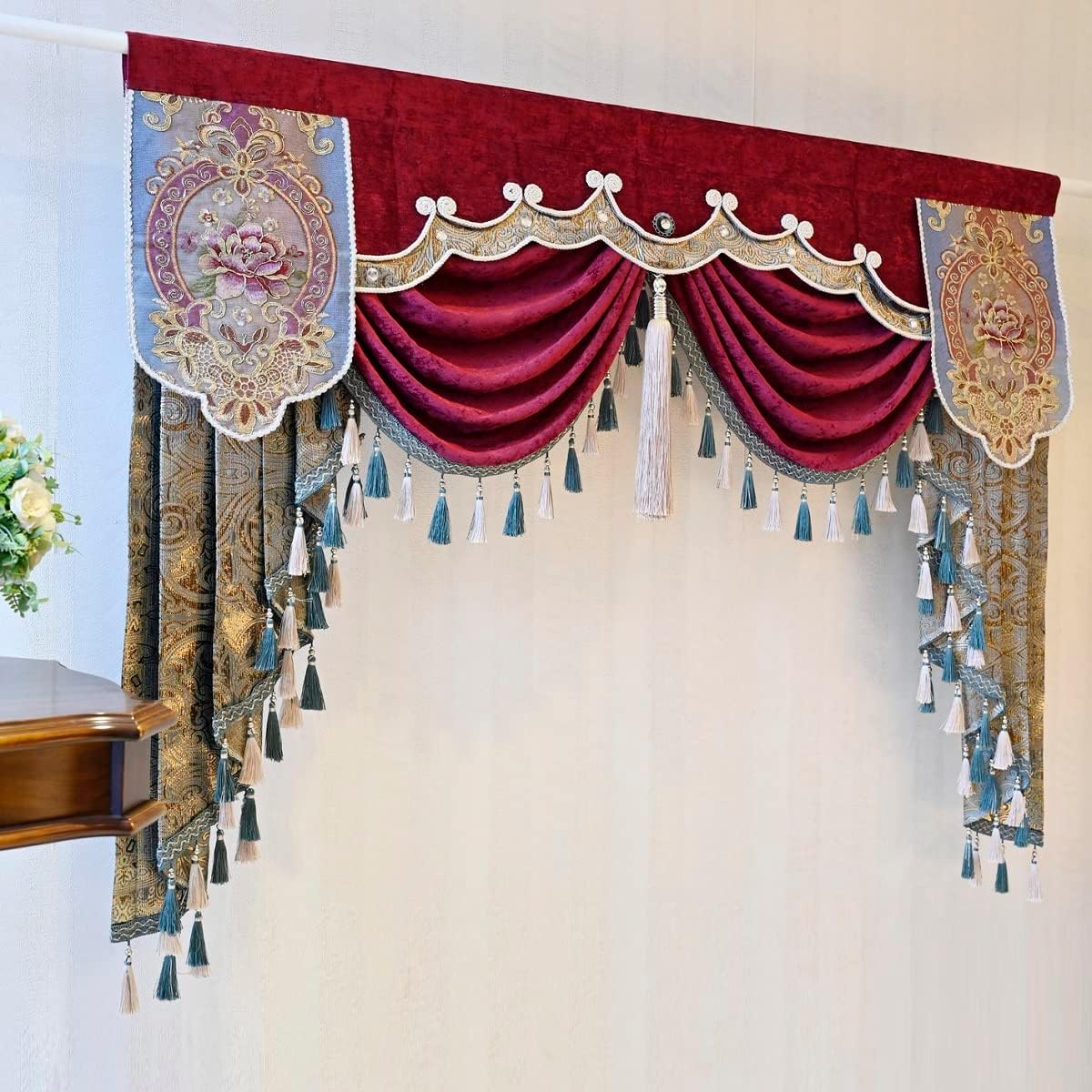 Luxury Waterfall Red Burgundy Gold Brown Swag Valance Royal European Design for Window Treatment Rod Pocket Top 1 Piece 59 inches Wide