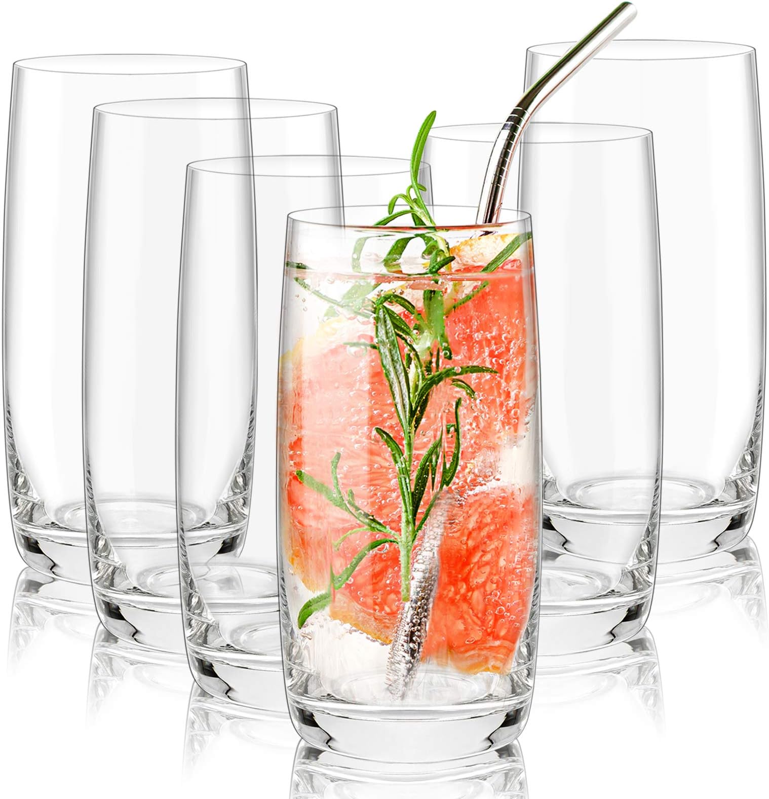 CREATIVELAND Crystal Highball Glasses Set of 6. LEAD-FREE Crystal Heavy Base Tall Glassware, Brilliant Clarity, Drinking Glasses for Water, Juice, Cocktails, Wine, Whiskey and Beer. (15.2oz/450ML)