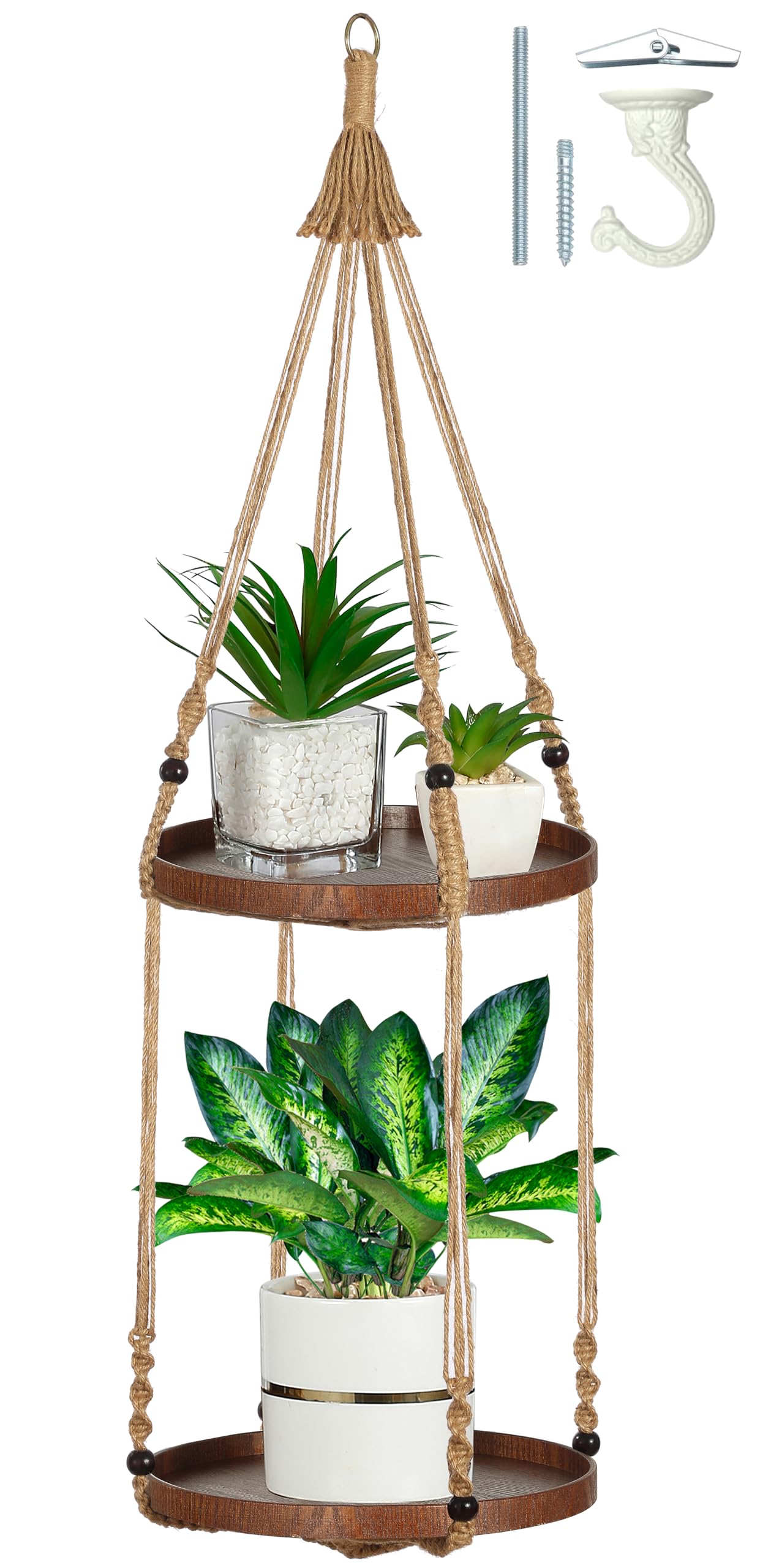 Shineloha 2 Tier Macrame Plant Hanger | Plant Hanger Indoor, Hanging Planter | Hanging Planter Shelf (Jute) (Large, 12" Shelf)