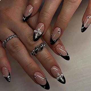 GlamRays 24 Stück Press On Nails Mandel 3D Legierung Kreuz Design Schwarz Französische Spitze Mittel Mit Design Passgenau Acryl Falscher Nagel Set