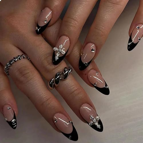 GlamRays 24 Stück Press On Nails Mandel 3D Legierung Kreuz Design Schwarz Französische Spitze Mittel Mit Design Passgenau Acryl Falscher Nagel Set