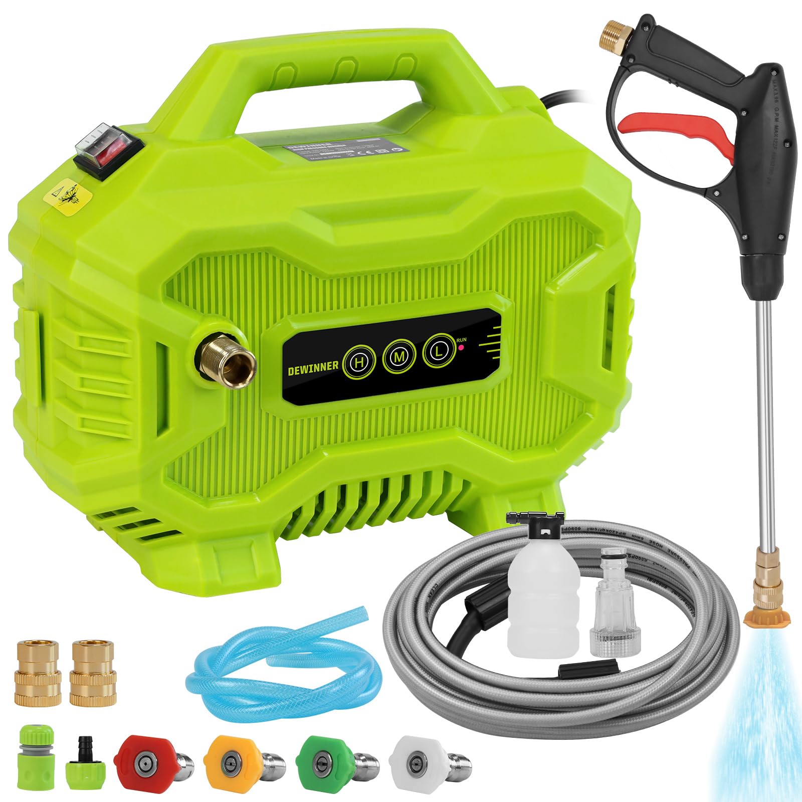 DEWINNER 130Bar Hidrolimpiadora Portatil, 1200W Mini Portátil Hidrolimpiadora, Ajuste de 3 velocidades con 4 boquillas, Manguera de 8 Metros y pulverizador de Espuma para la Limpieza de Balcones | Mini, ajuste de 3 velocidades, 4 boquillas, manguera de 8