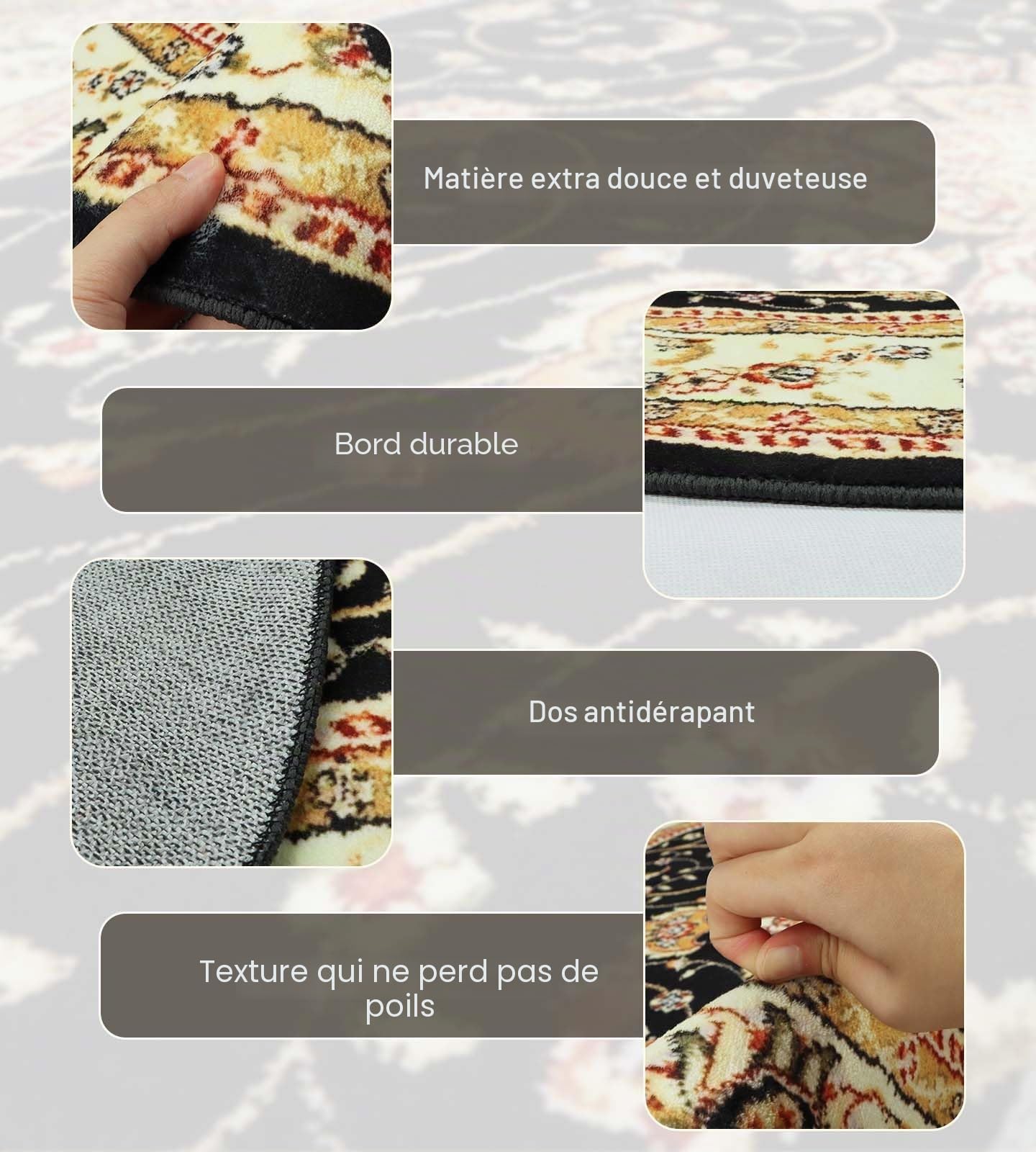 Betadistor Tapis rond mandala lavable en machine, 120cm / 4 ft, Bohème, Noir, 08120