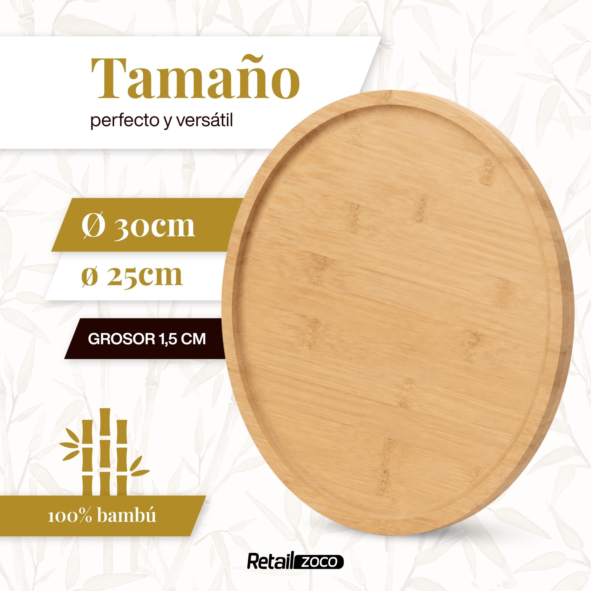 Plato redondo de madera, Plato de bambú, 3 unidades - imagen 4
