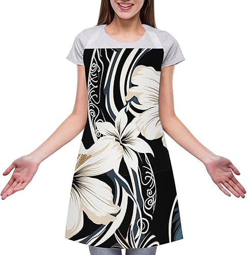 Miniatura 3 de Delantal de flores hawaianas en blanco y negro con bolsillos grandes, impermeable y resistente a las manchas para cocinar, asar a la parrilla y