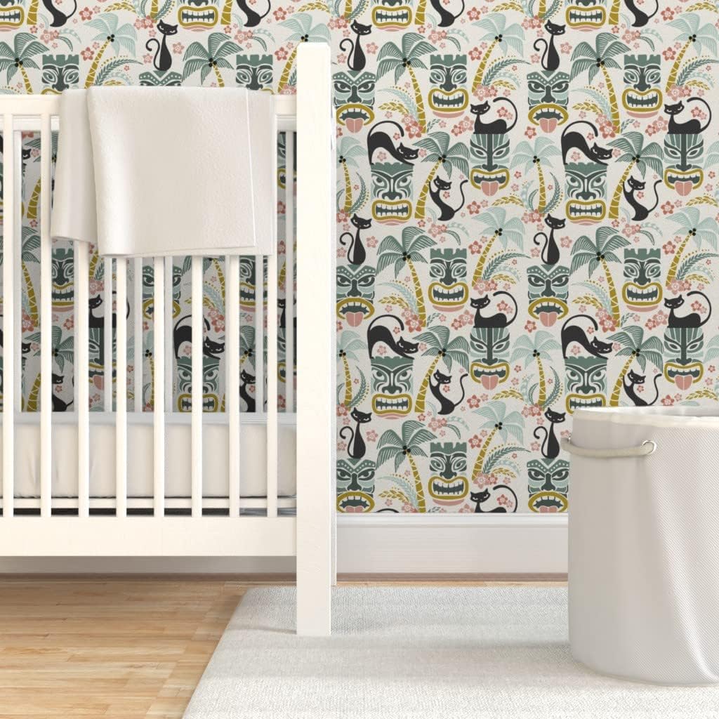 Peel & Stick Wallpaper Swatch - Mid Century Cats Tiki Bar Tropical Island Retro Inspired Atomic Era 1950S 1960S Look Custom Removable Wallpaper by Spoonflower