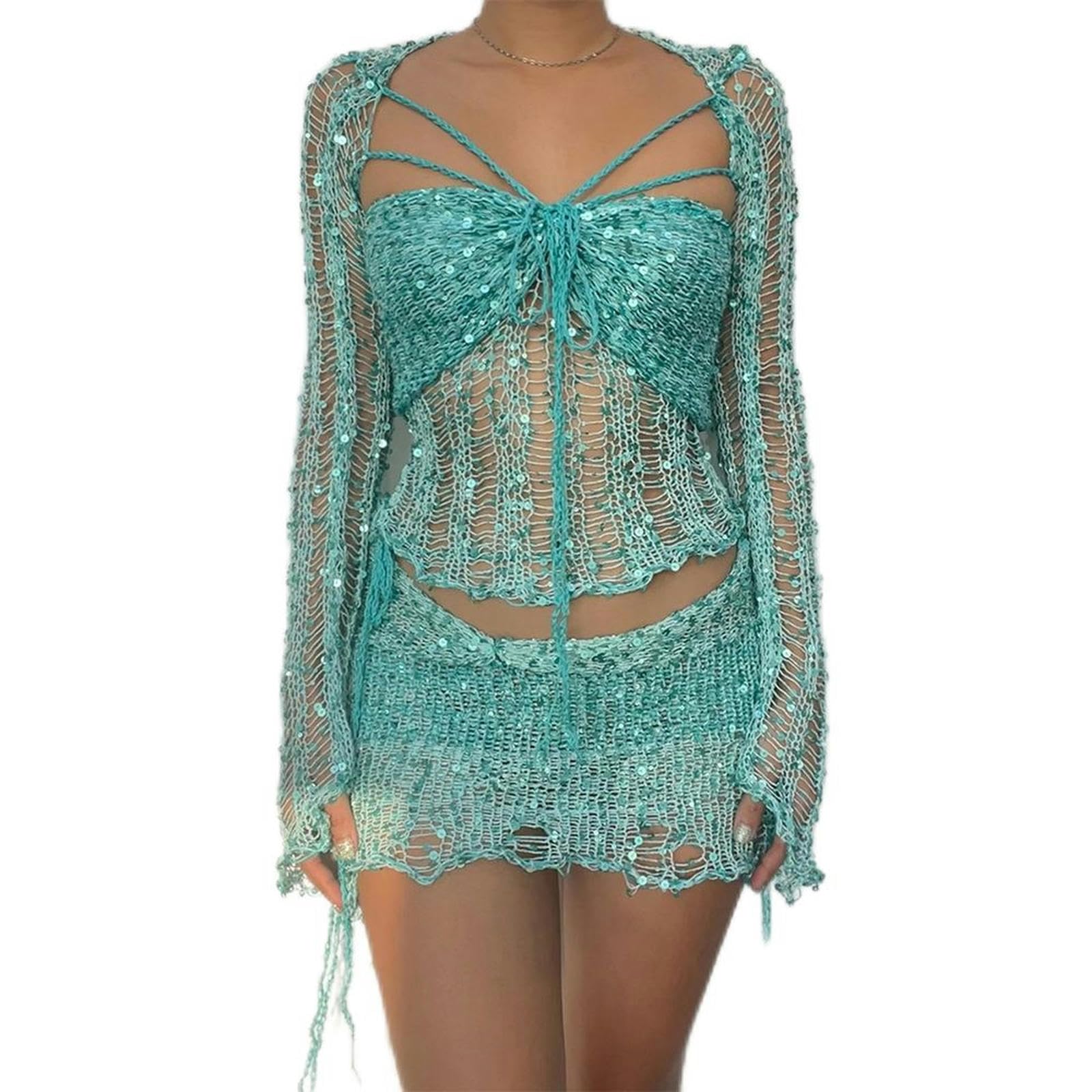 Vêtements européens et américains 2023 Nouveau Pull tricoté à Paillettes Costume Trois pièces-Rose-M