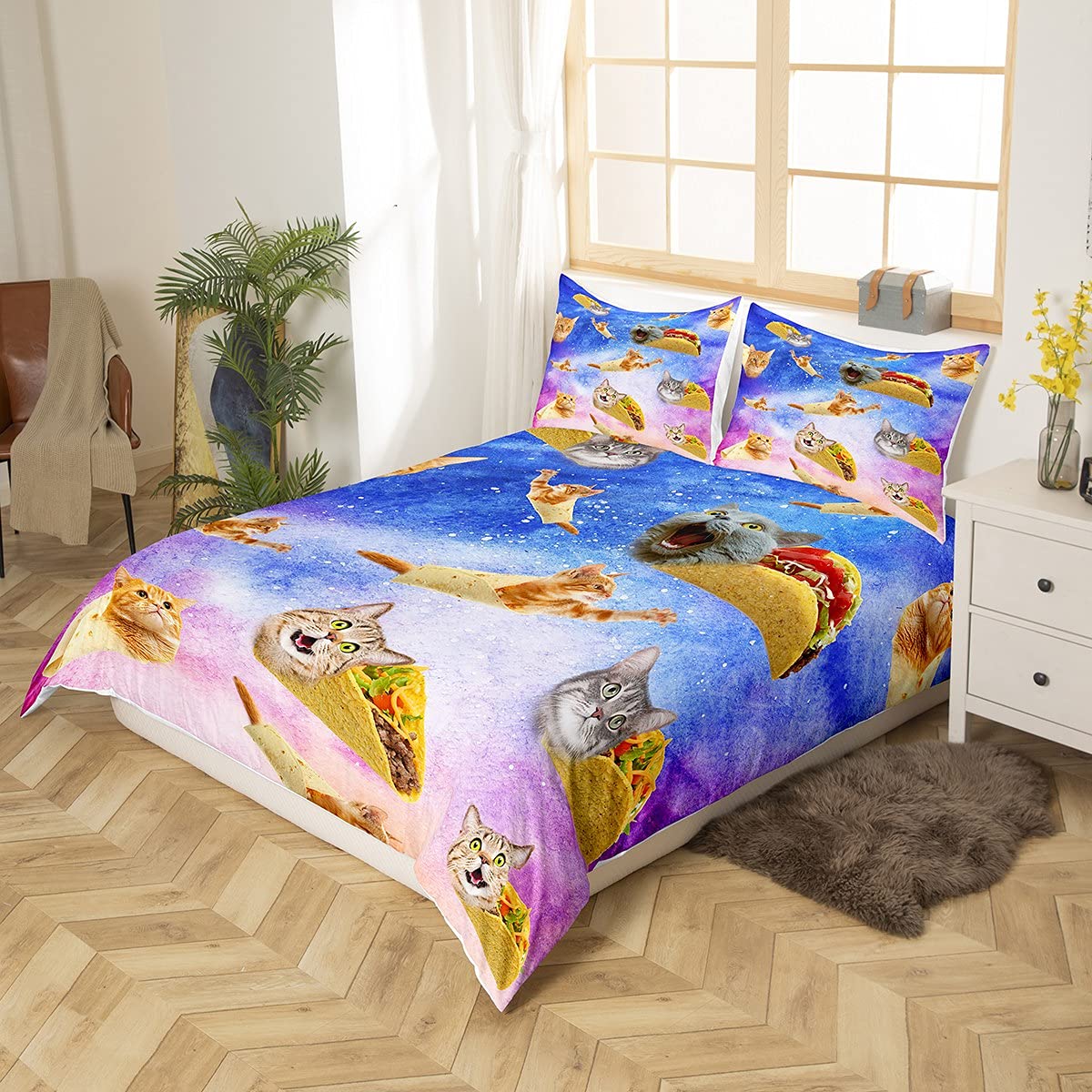 Loussiesd Cat Duvet Cover 3D Funny Animal Galaxy Bedding Set Chic Starry Sky Comforter Cover For Kids Boys Girls Children Funny Pizza Bedspread Cover Bedroom Decor Double Size Lovely - Image 2