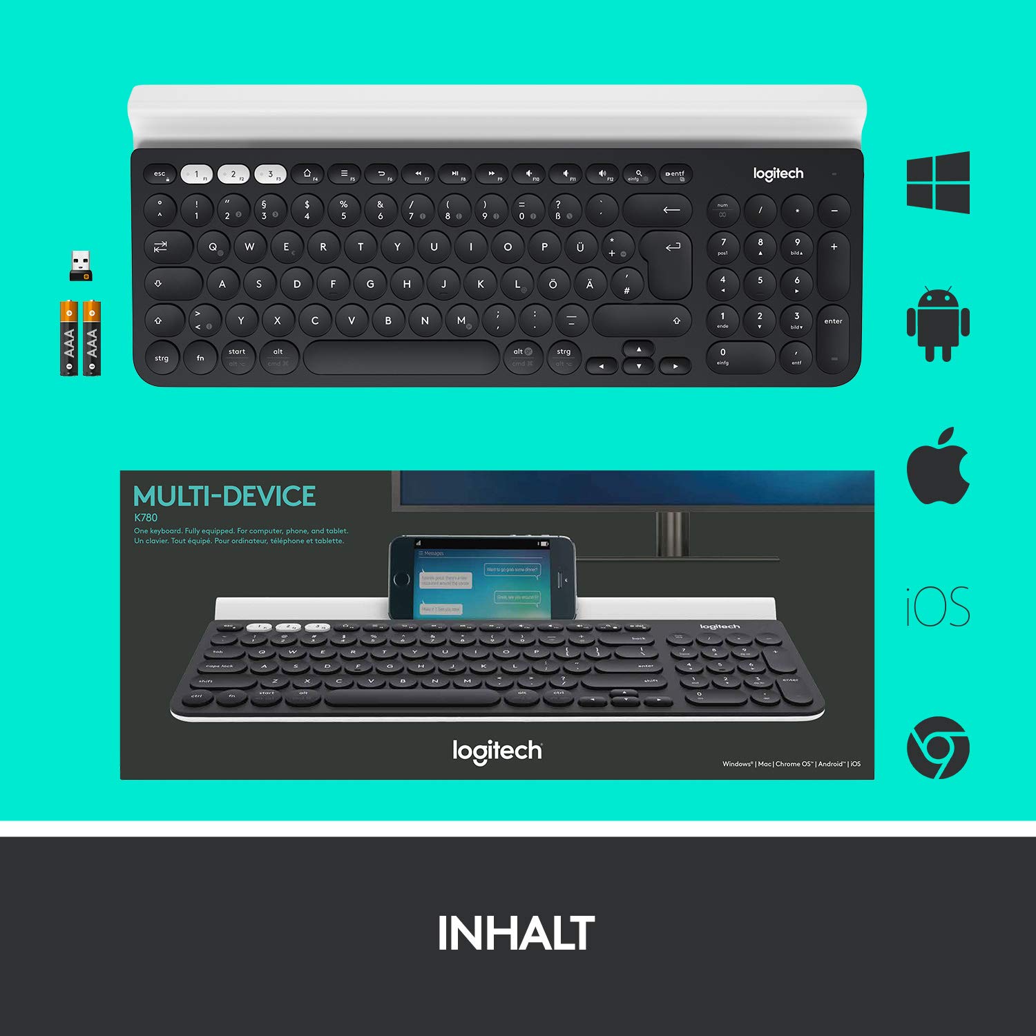 Logitech K780 Kabellose Tastatur, Bluetooth & 2.4 GHz Verbindung, Multi Device & Easy-Switch Feature, Integrierte Halterung, PC/Mac/Tablet/Smartphone, Deutsches QWERTZ-Layout - Dunkelgrau/Weiß