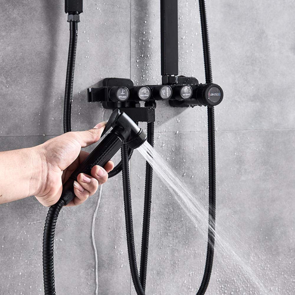 Set di rubinetti per Doccia in Ottone, Miscelatore a 5 Vie con Pulsante di Controllo, getti idromassaggio Spa, Bidet, Set per Vasca, Nero Opaco (Nero Dorato)