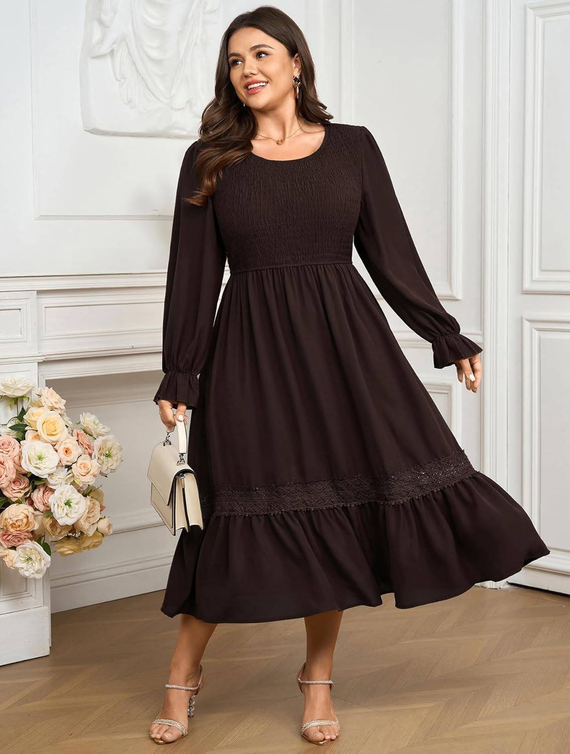 Plus Size Maxi Dress for Women Wedding Guest Fall Smocked Long Sleeve Round Neck Empire Waist Flowy Ruffle Dress 1XL~4XL - Image 2