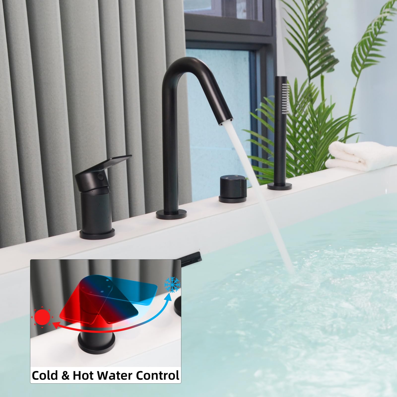 Grifo Bañera 4 Agujeros, Baño Ducha Mezclador con Ducha de Mano, 4 Orificios Grifo de Bañera con Giratorio de 360°, Para Borde de Bañera, Negro, 20Y3OK