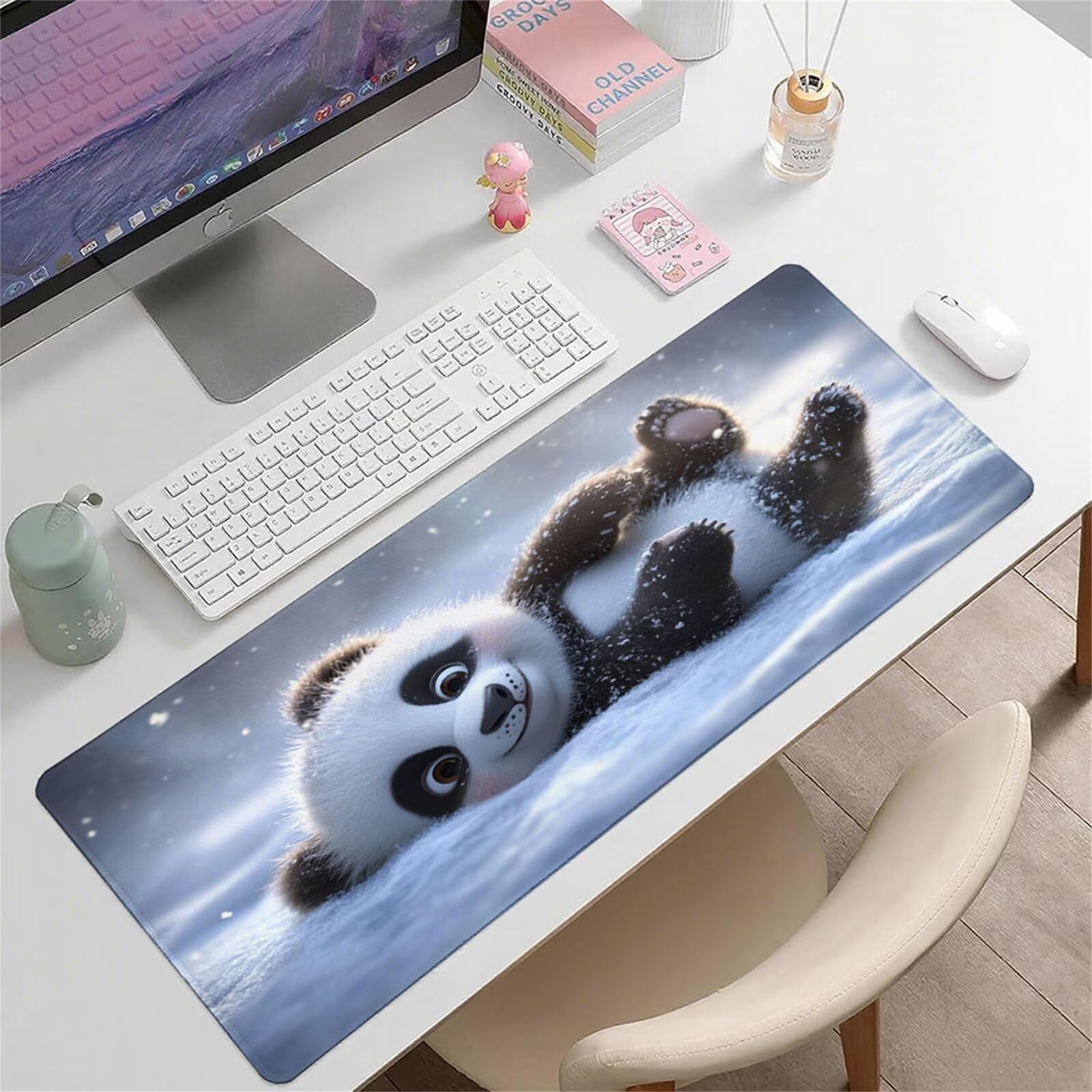 Biała podkładka pod mysz XXL 1400 x 600 x 3 mm panda pod ręką akcesoria biurowe antypoślizgowa gumowa podstawa i zszyte krawędzie podkładka pod mysz dla graczy do dekoracji biura dekoracyjnego