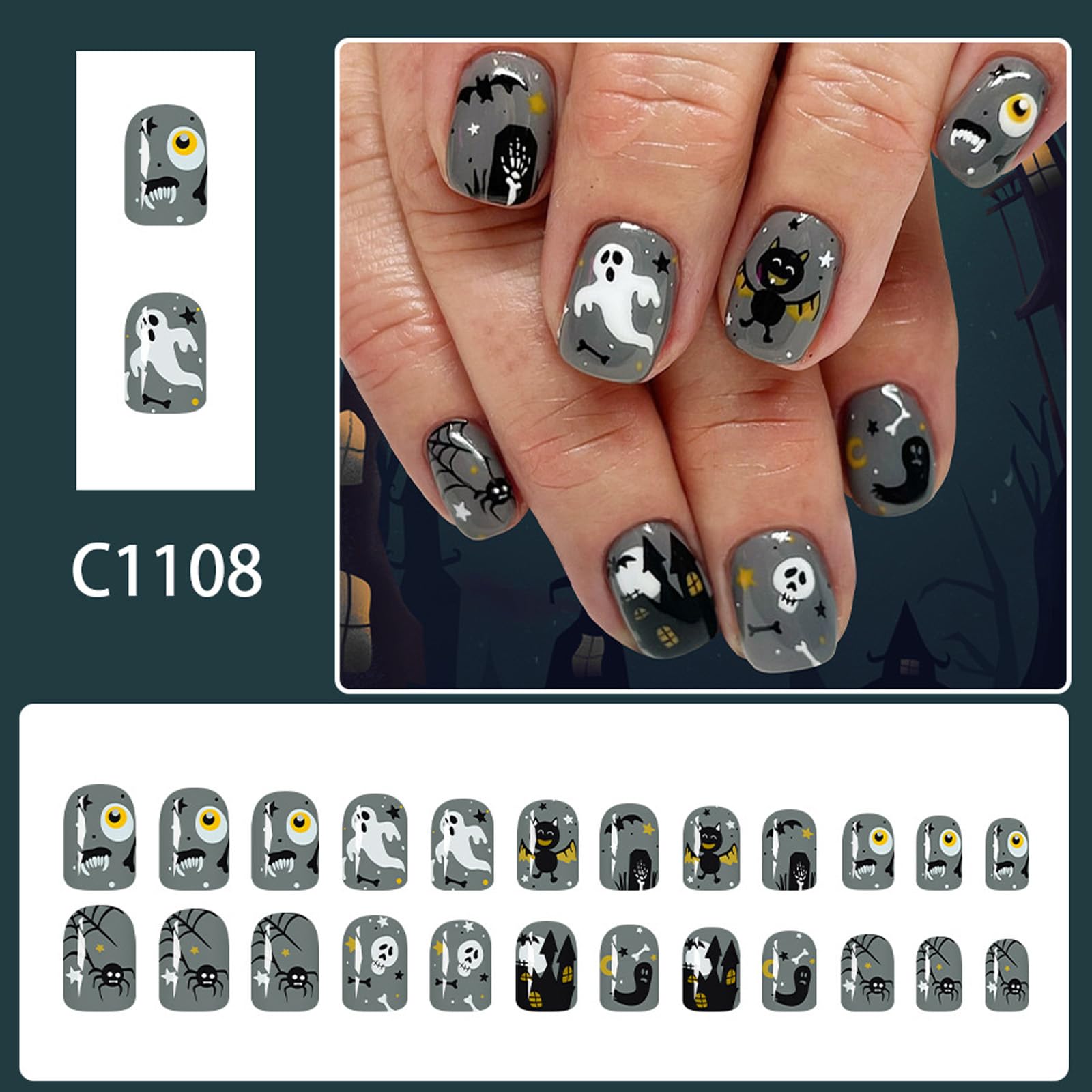 24Piece Nero Glittering Press On Nails Halloween Speciale Con Misterioso Ala di pipistrello E Modelli di Casa Halloween Press On Nail