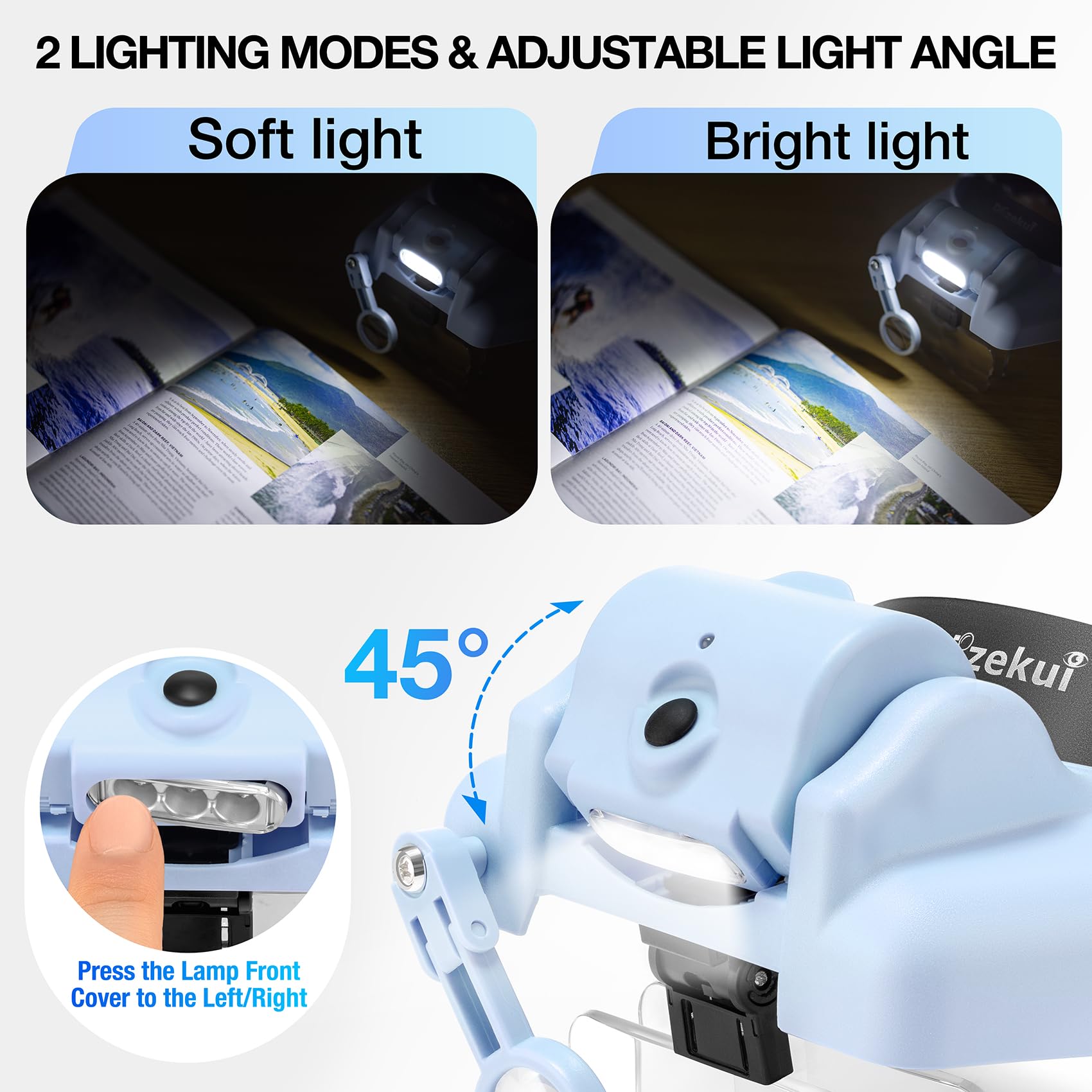 Dilzekui Lupa con luz, lupas para trabajos cercanos 1X-14X, auriculares con lupa con 2 luces desmontables, carga USB C mejorada integrada de 500 mAh, apto para manualidades, pasatiempos, punto de cruz