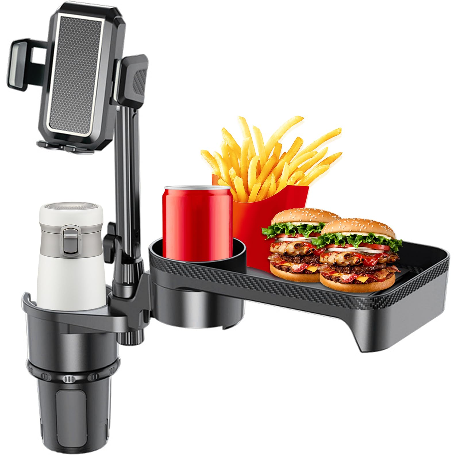4 in 1 Car Cup Holder Expander Tray with Phone Mount, Multifunctional and Detachable Car Food Tray with 360°Rotation Adjustable Base, Car Cup Expander for Travel Road Essentials Accessories L