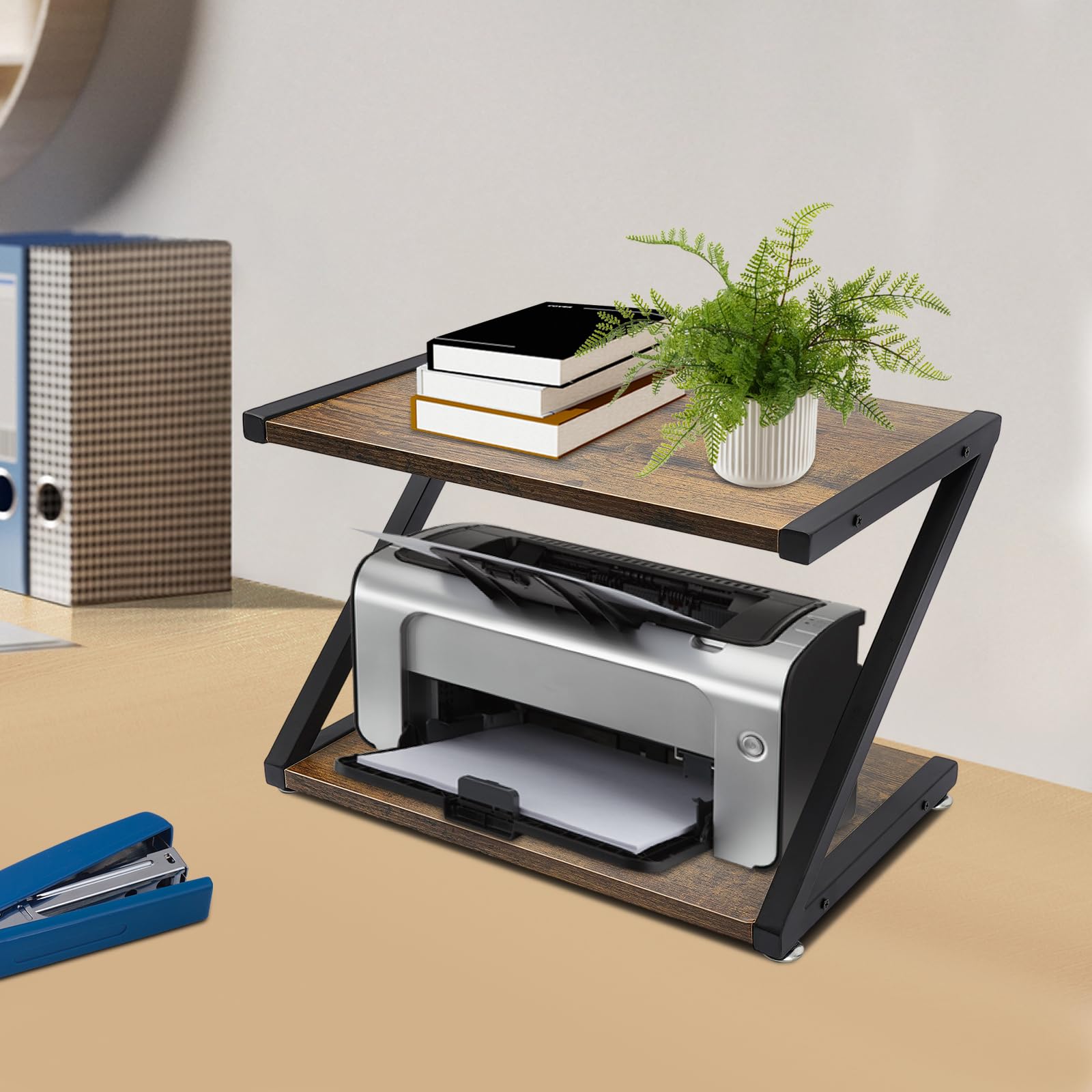 Supporto per stampante da scrivania a 2 livelli, supporto per stampante da scrivania, supporto in metallo a forma di Z, supporto multifunzione per stampante, fotocopiatrice, scanner, 44 x 28 x 29 cm