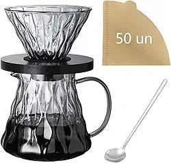 Kit Café 3 em 1 com Cafeteira de Vidro, 50 Filtros Cônicos de Papel Natural e Colher de Aço Inoxidável - Conjunto Completo para Preparo de Café (cinzento)