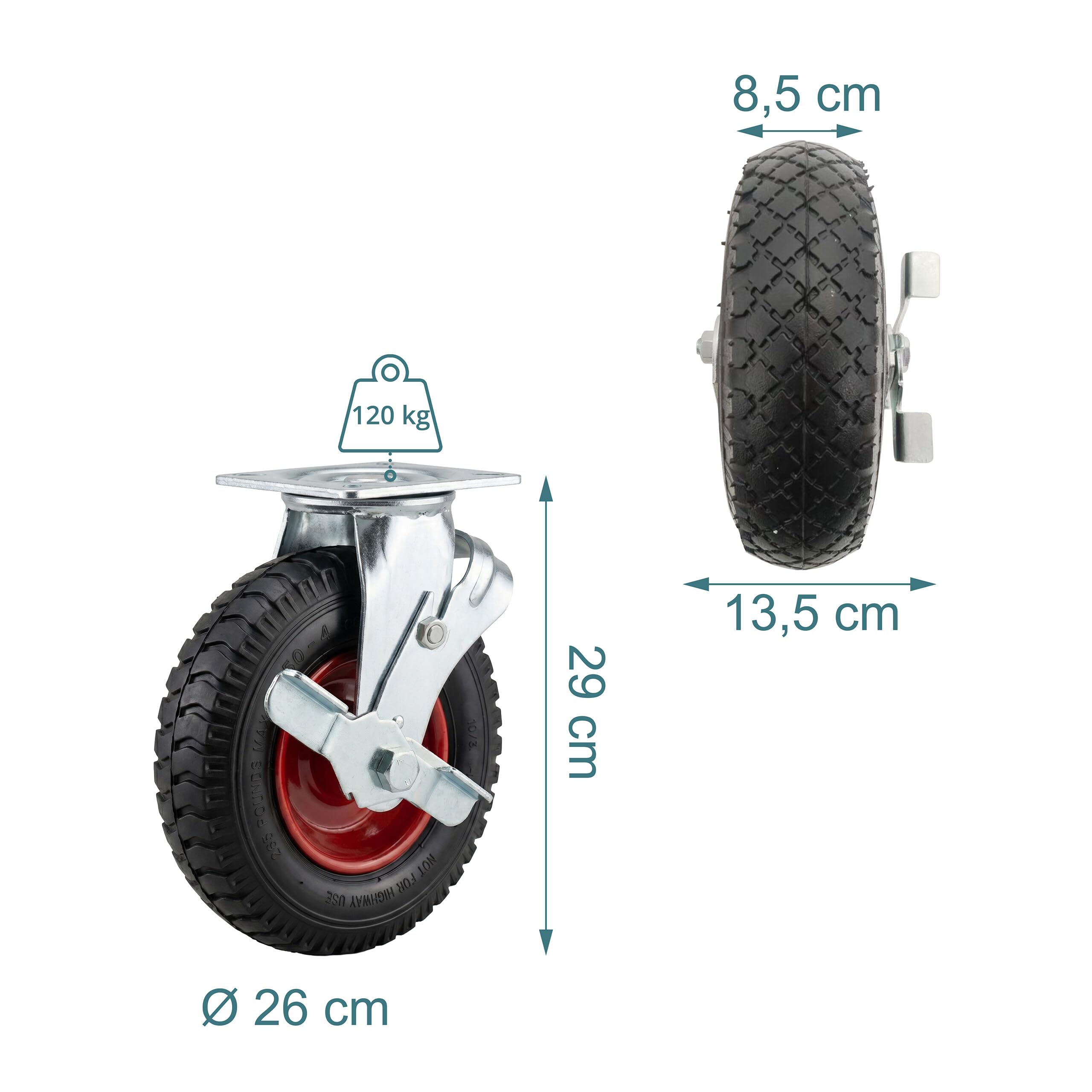 Relaxdays ruote girevoli con freno, set da 2, 3.00-4, nero/rosso | 120 kg cad., pneumatiche in gomma, piastra in acciaio