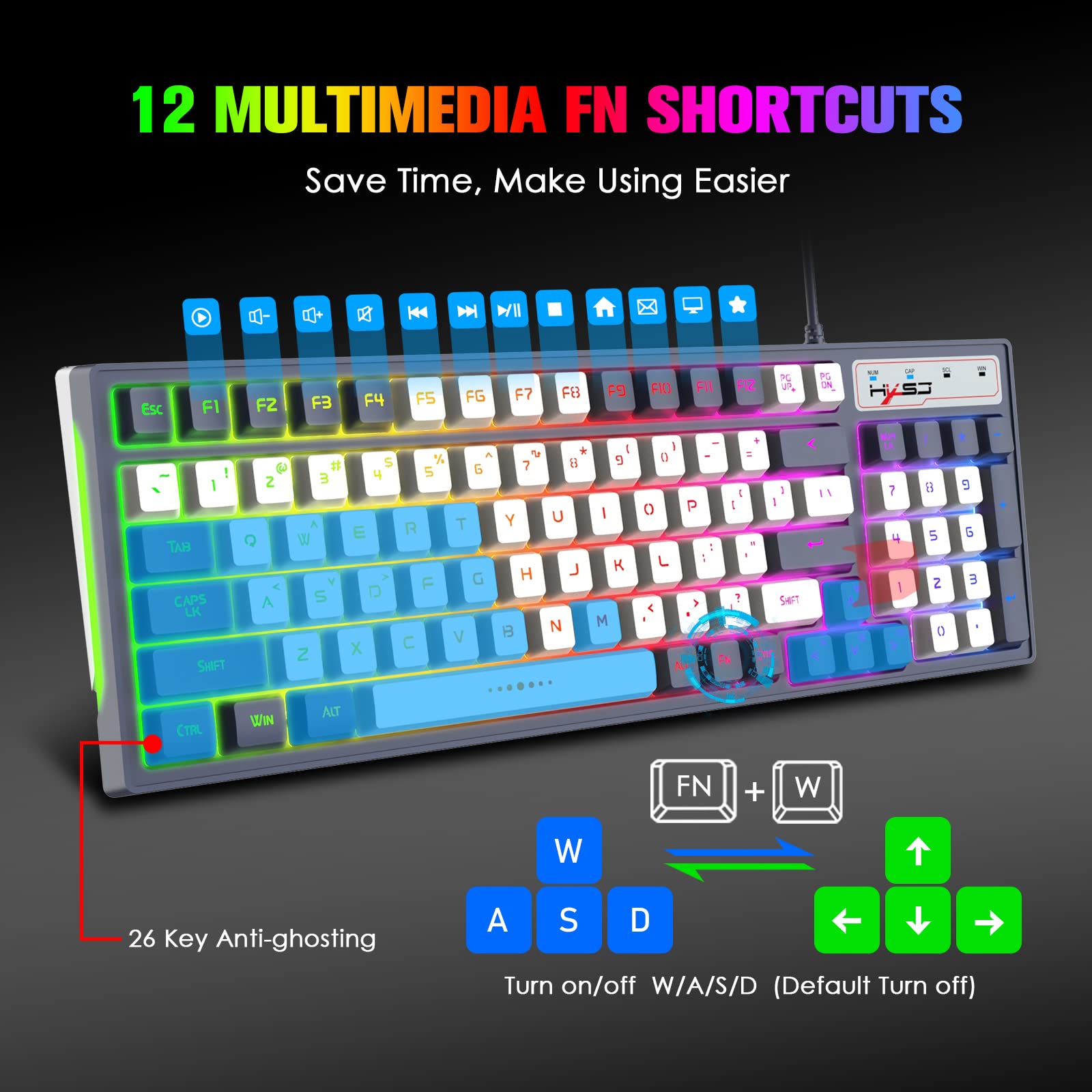 Przewodowa klawiatura do gier LED RGB Backlit, klawiatura z klawiszami skrótu, klawisze antyghostingowe, multimedialne, ergonomiczne, odłączane klawisze, 96 klawiszy, do komputera stacjonarnego i