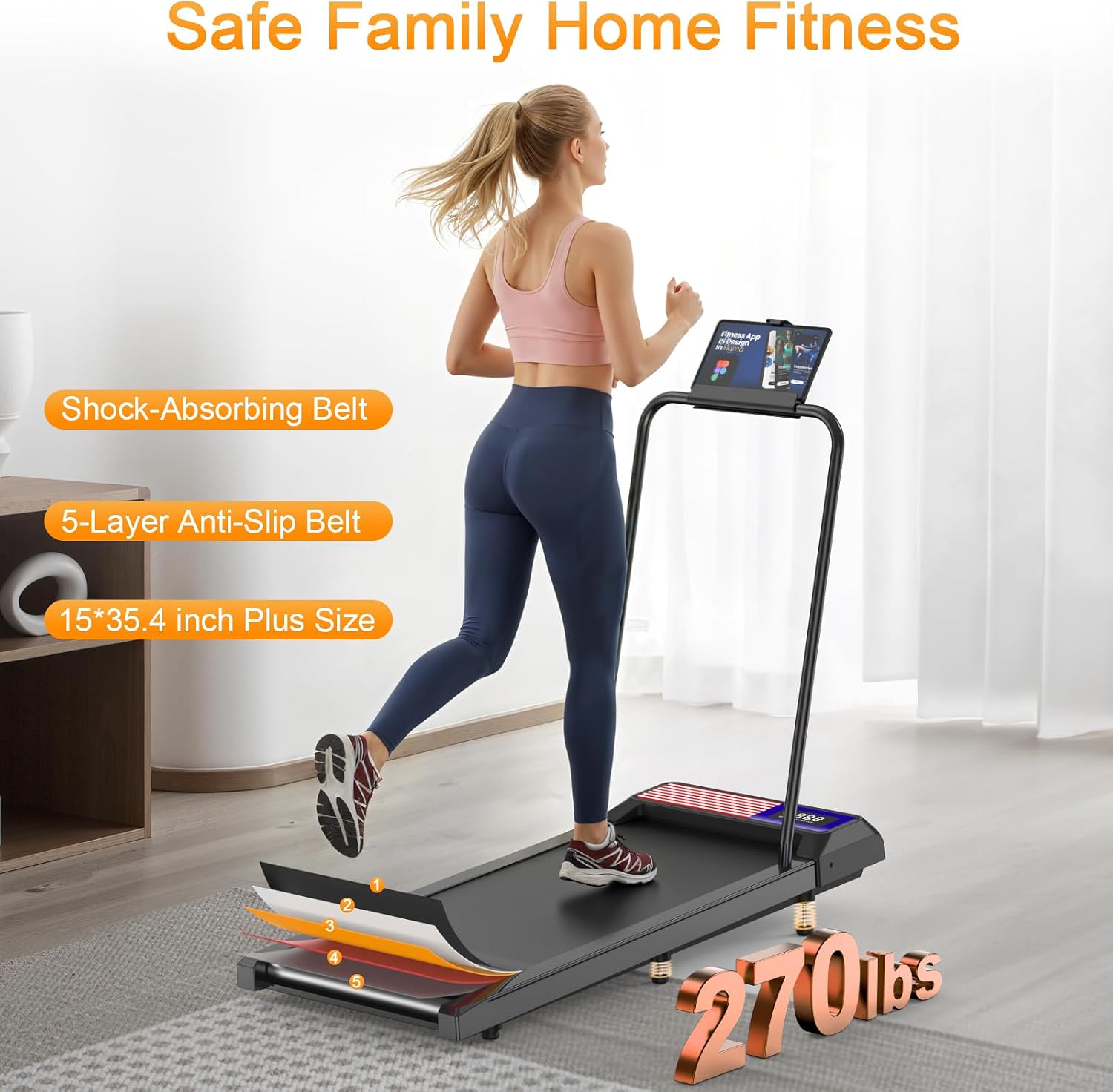 HOELLL Treadmills for Home Small with 0%-8% Incline and APP Sync, Compact Under Desk Walking Treadmill Pad with Handle Bar Removable, Remote Control and LED Display, 2.5HP, Blue Red image 6