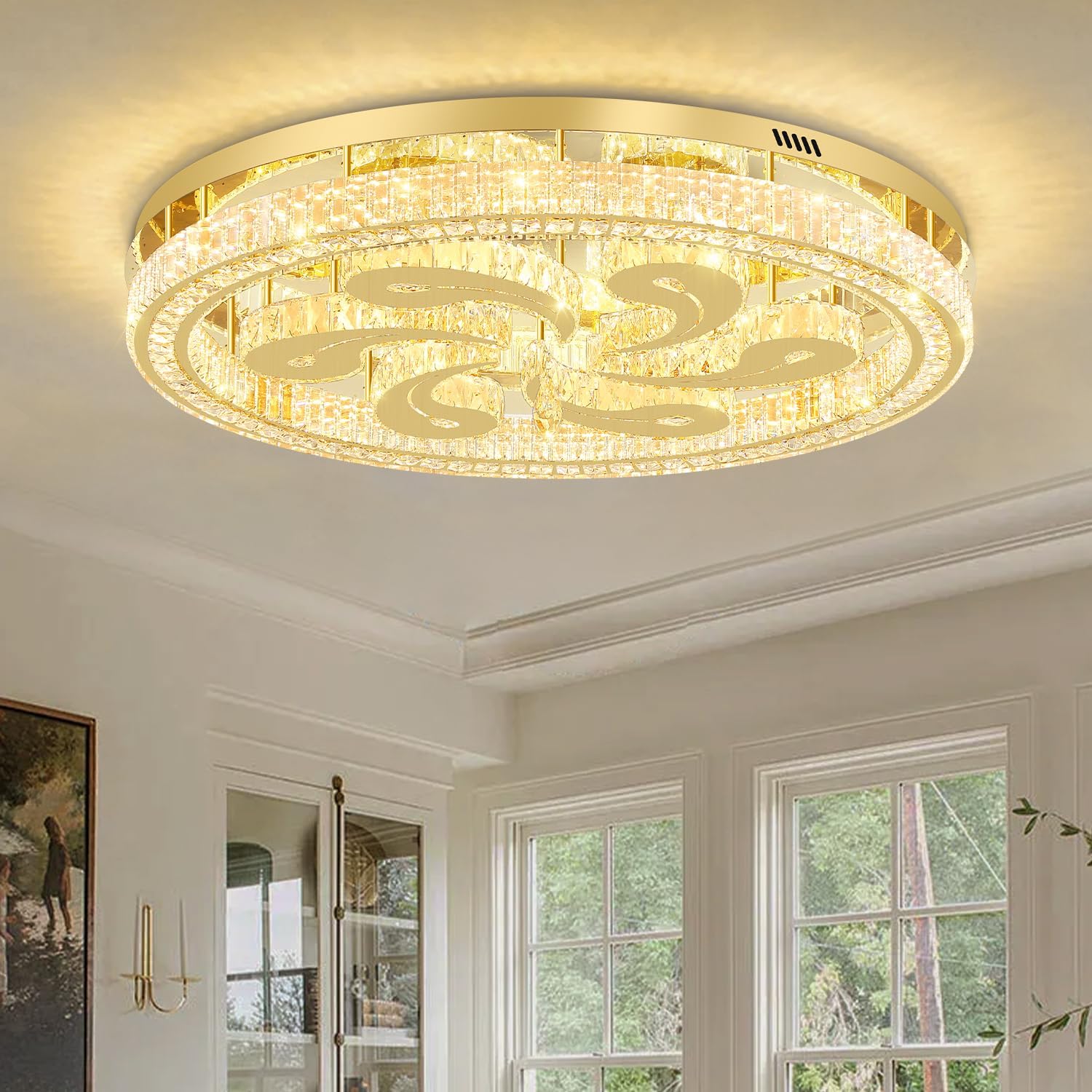 Modern Crystal Chandeliers for Dining Room Flush Mount Ceiling Chandelier for Living Room Dining Room Ring LED Crystal Ceiling Light (Round,40in Gold,Dimmable 2700K-6500K)