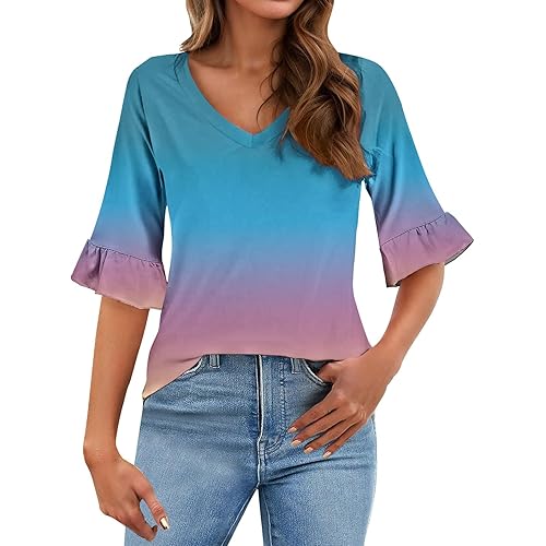 3/4 Sleeve Tops for Women Dressy Casual V Neck Summer Blouses Ruffle Sleeve Tunic Tops for Spring