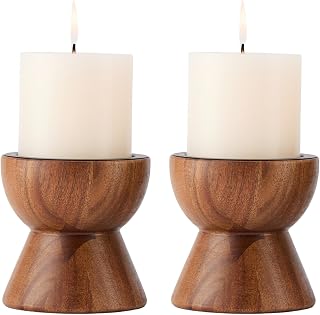 Set of 2 Rustic Acacia Wood Candle Holders for Pillar Candles | Vintage Brown Farmhouse Style, Decorative Pedestal Stand, Fireplace & Mantel Decor, Table Centerpiece Decoration