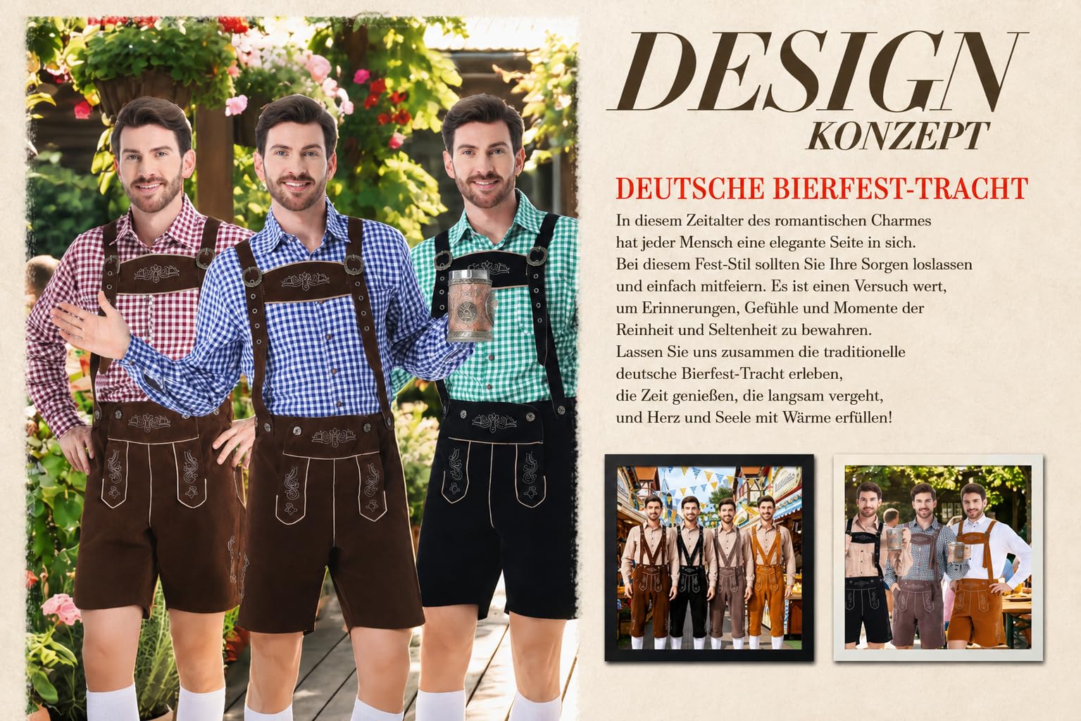 Oktoberfest Herren Trachten Set, Trachtenhose Herren Kurz in Wildleder Optik mit Hosenträgern & Kariertes Trachtenhemd Kurzarm, Bayerisches Wiesn Outfit für Männer