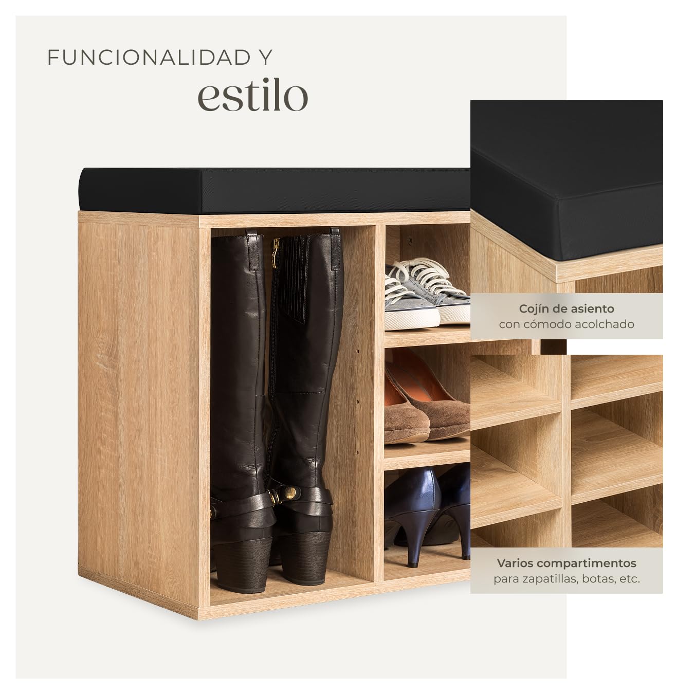 tectake® Zapatero Madera con cojín extraíble, estanteria Zapatero Ajustable, Mueble Entrada recibidor, Organizador Zapatos, Banco Madera para Guardar Zapatos - Negro/Roble Claro