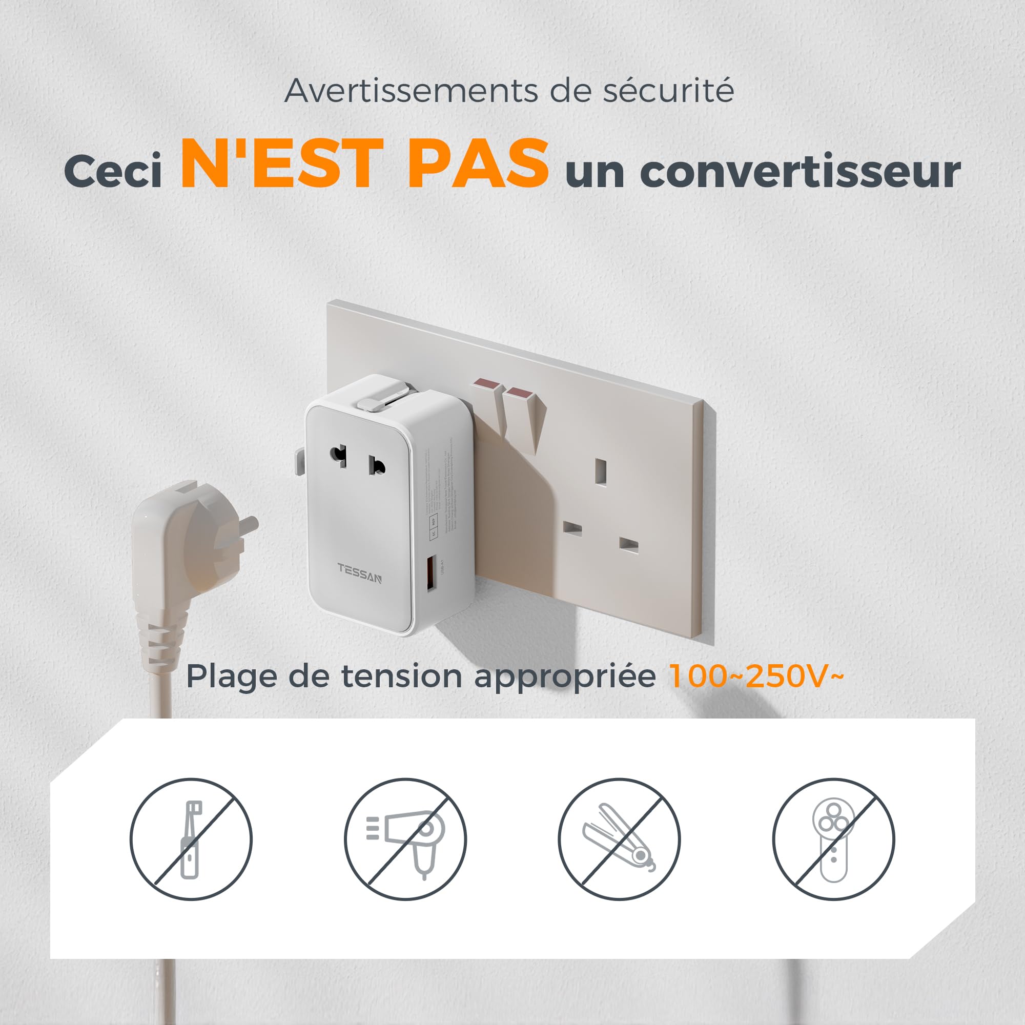 TESSAN Adaptateur Prise Universelle PD 20W, Prise Internationale de Voyage avec 2 USB C et 1 USB A, Adaptateur Universel de Voyage pour Anglaise USA Japon Thaïlande Australie Canada Mexique Chine