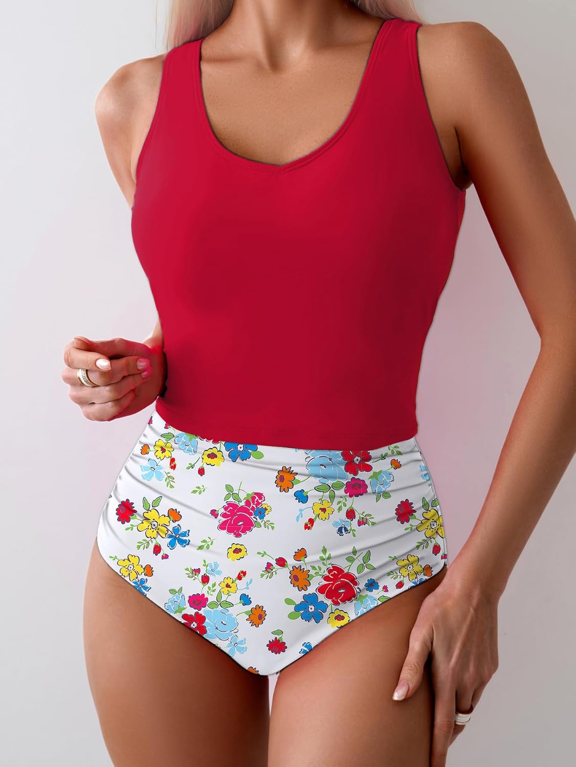 Eomenie Two Piece Tankini Swimsuits for Women Tummy Control Bathing Suits Cutout Back Swim Tank Top with High Waisted Bottom - Image 3