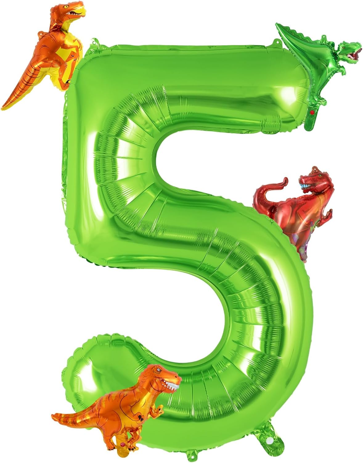 Dinosaur Green Number 5 Balloon, 40 Inch Big Large Foil Helium Green Number Balloon with 4 Pcs Mini Dinosuar, Dinosuar Mylar Balloons Set for 5 Year Old Birthday Party Decorations Supplies