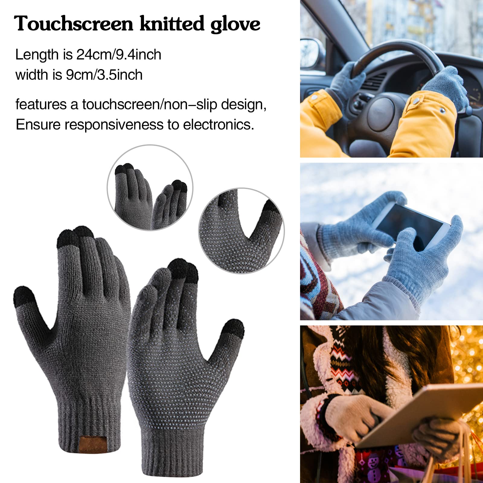 Set di 3 guanti invernali unisex con cappello e sciarpa a maglia calda, guanti touchscreen, sciarpa lunga, per uomini e donne