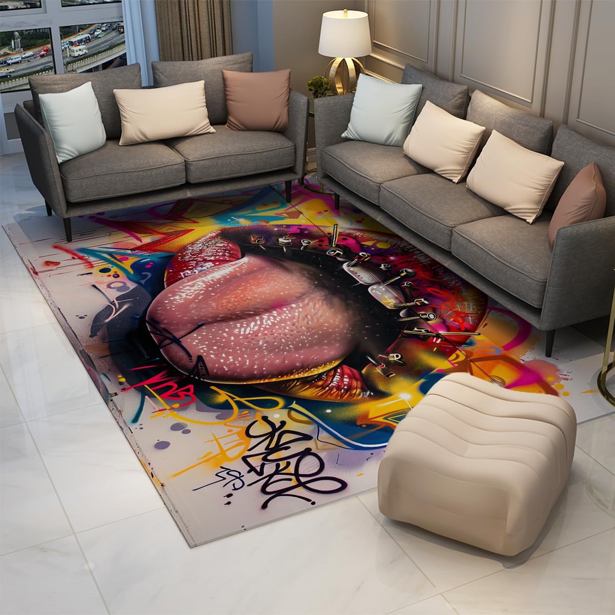 Tapis de salon hip-hop antidérapant et lavable pour éliminer les taches de nourriture
