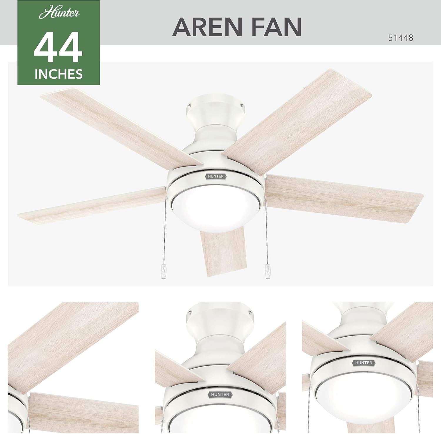 Hunter 44 inch Aren Fresh White Low Profile Ceiling Fan with LED Light Kit and Pull Chain