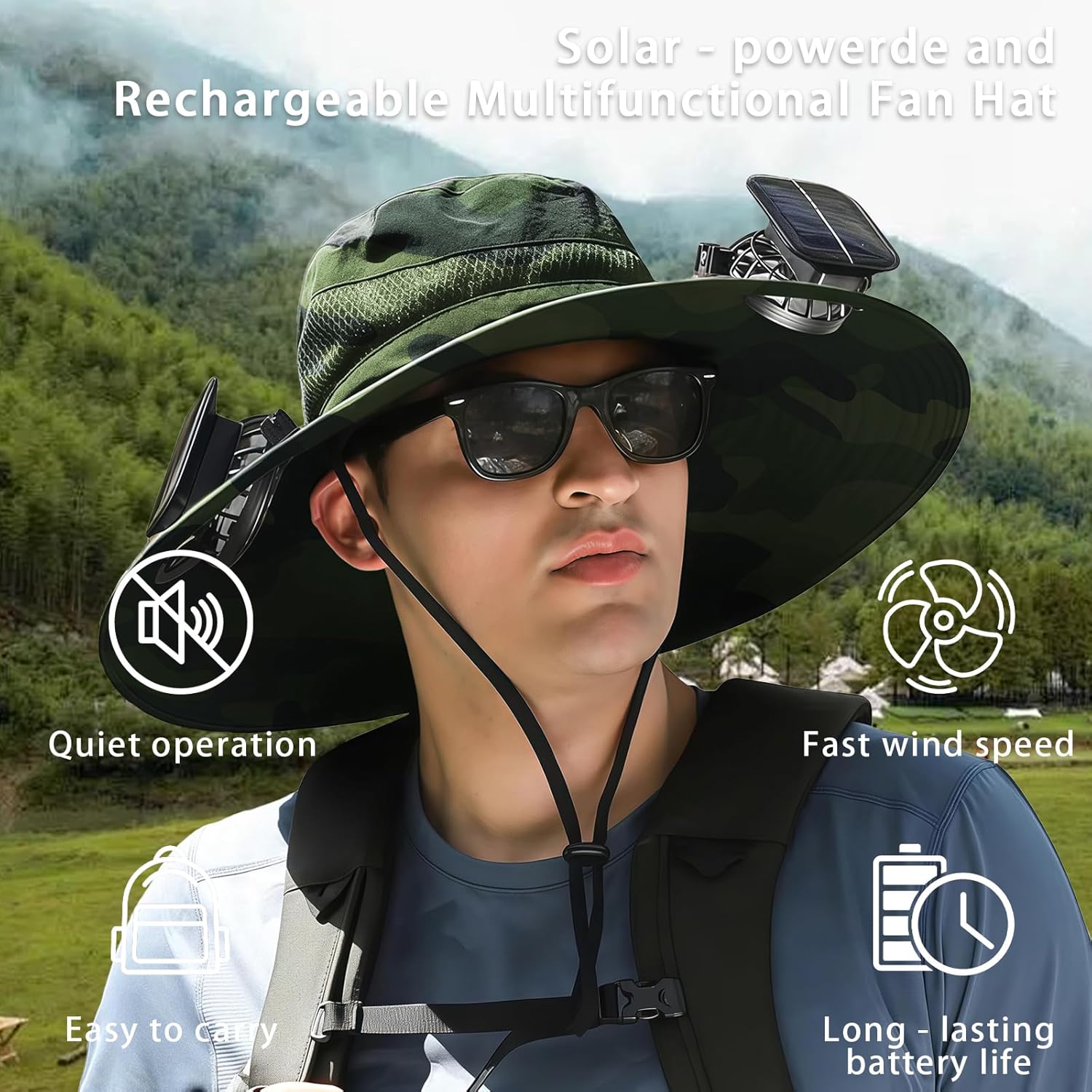 Solar Fan Hat,Wide Brim Sun Cap with 2 Solar Sun Protection Fans,Waterproof UPF 50+ Bucket Fishing Hat with Fan Built in Camouflage - Image 5