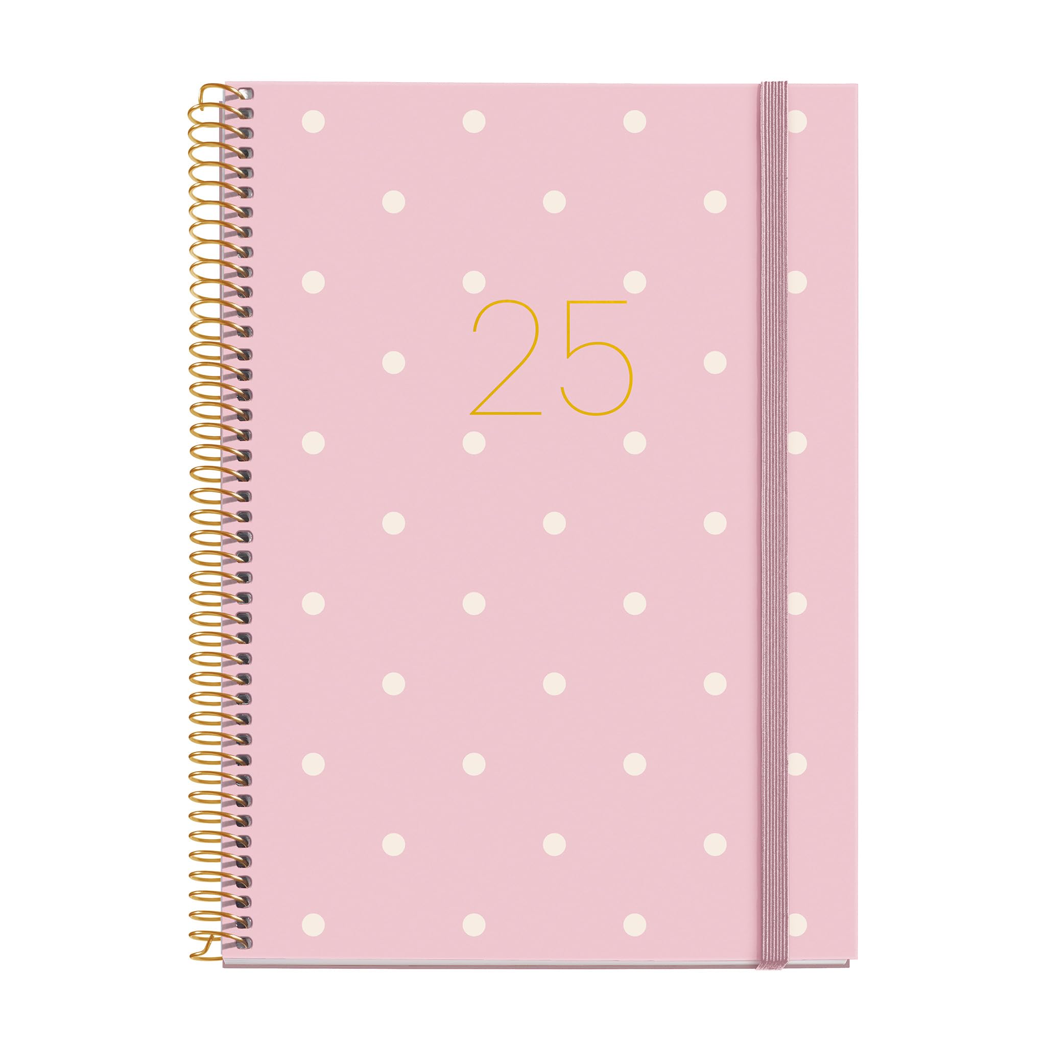 Miquelrius - Agenda 2025, Agenda anual 155x213 mm, Agenda día página, Cubierta cartón forrado plastificado, Espiral, Cierre goma elástica, Papel 80 g/m², Catalán, Inglés y Portugués, Polka dots