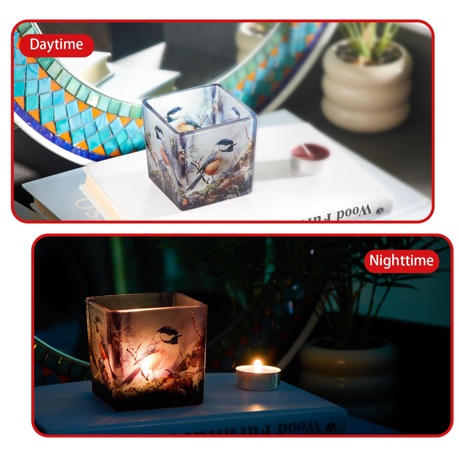 Wotywny świecznik na podgrzewacze, kwadratowy szklany wazon do dekoracji stołu, wielofunkcyjny szklany kubek do dekoracji stołu, 7,9 x 7,9 x 7,9 cm, ptak na gałęzi