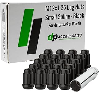 DPAccessories Black Spline Lug Nuts - M12x1.25 Lug Nuts Black for Aftermarket Wheels - Spline Tuner Lugs 12x1.25 - Set of 20 Black Lug Nuts and One Spline Lug Nut Socket - D5245P-2308/20