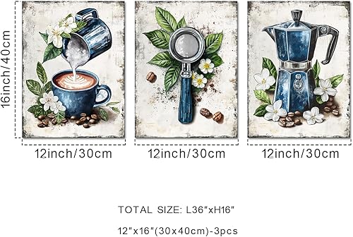 Miniatura 6 de KREATIVE ARTS Juego de 3 arte vintage de pared Caffe Tamper, póster para cafetera Moka Pot con arte moderno de flores y granos de café para cocina,